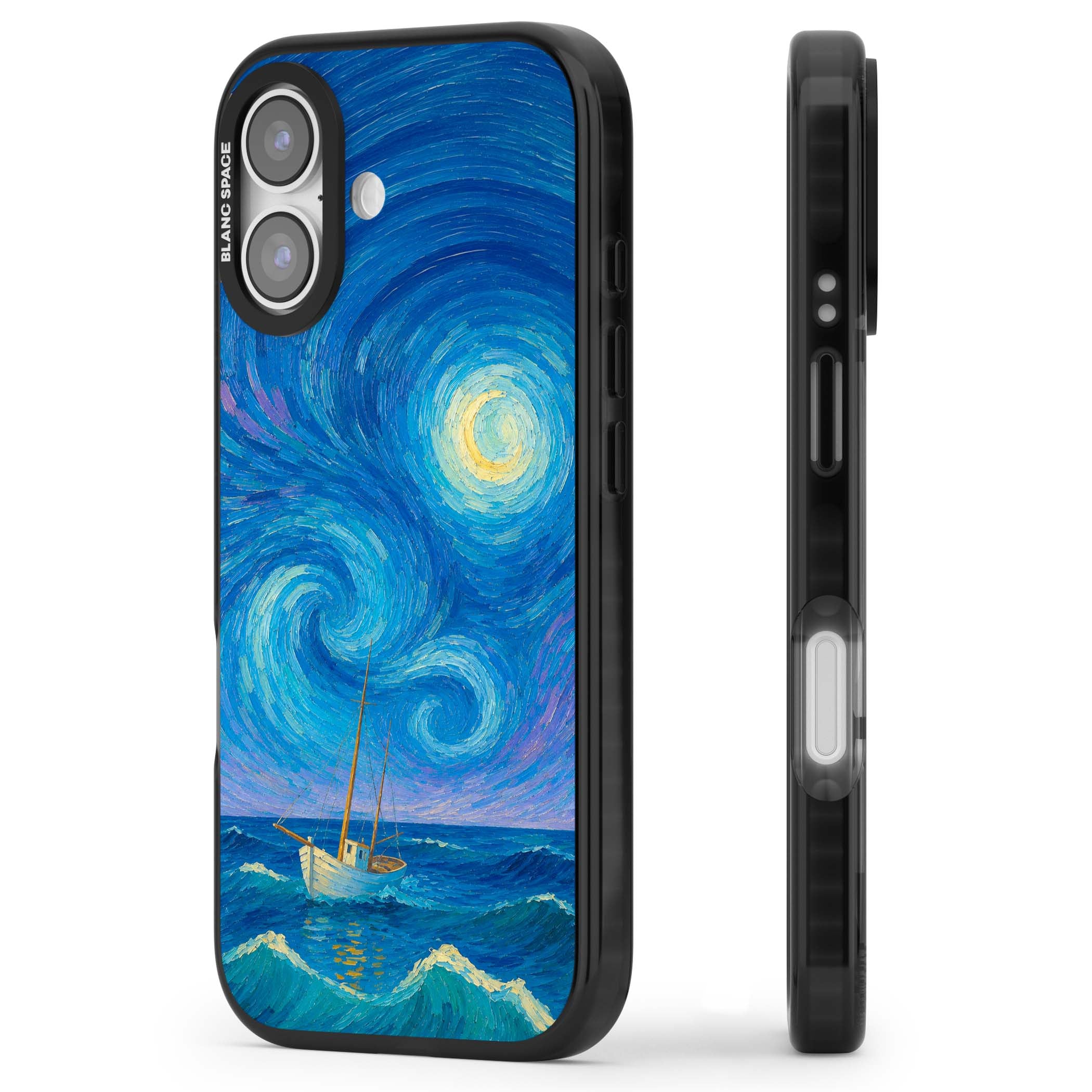 Moonlit Tide Van Gogh art iPhone case featuring swirling starry night sky, glowing moon and lone sailing boat at sea | Clear Impact case for iPhone 17