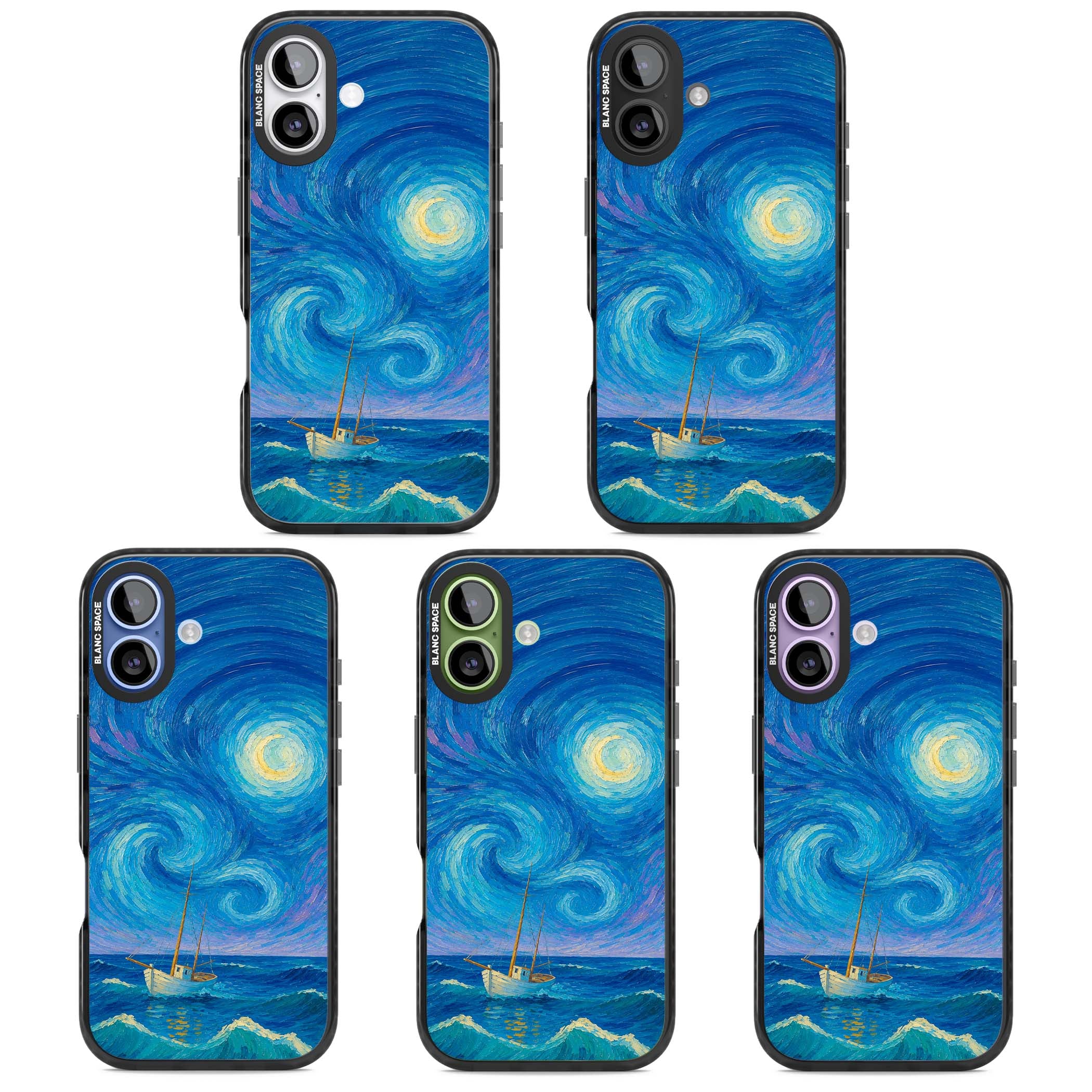 Moonlit Tide Van Gogh art iPhone case featuring swirling starry night sky, glowing moon and lone sailing boat at sea | Clear Impact case for iPhone 17
