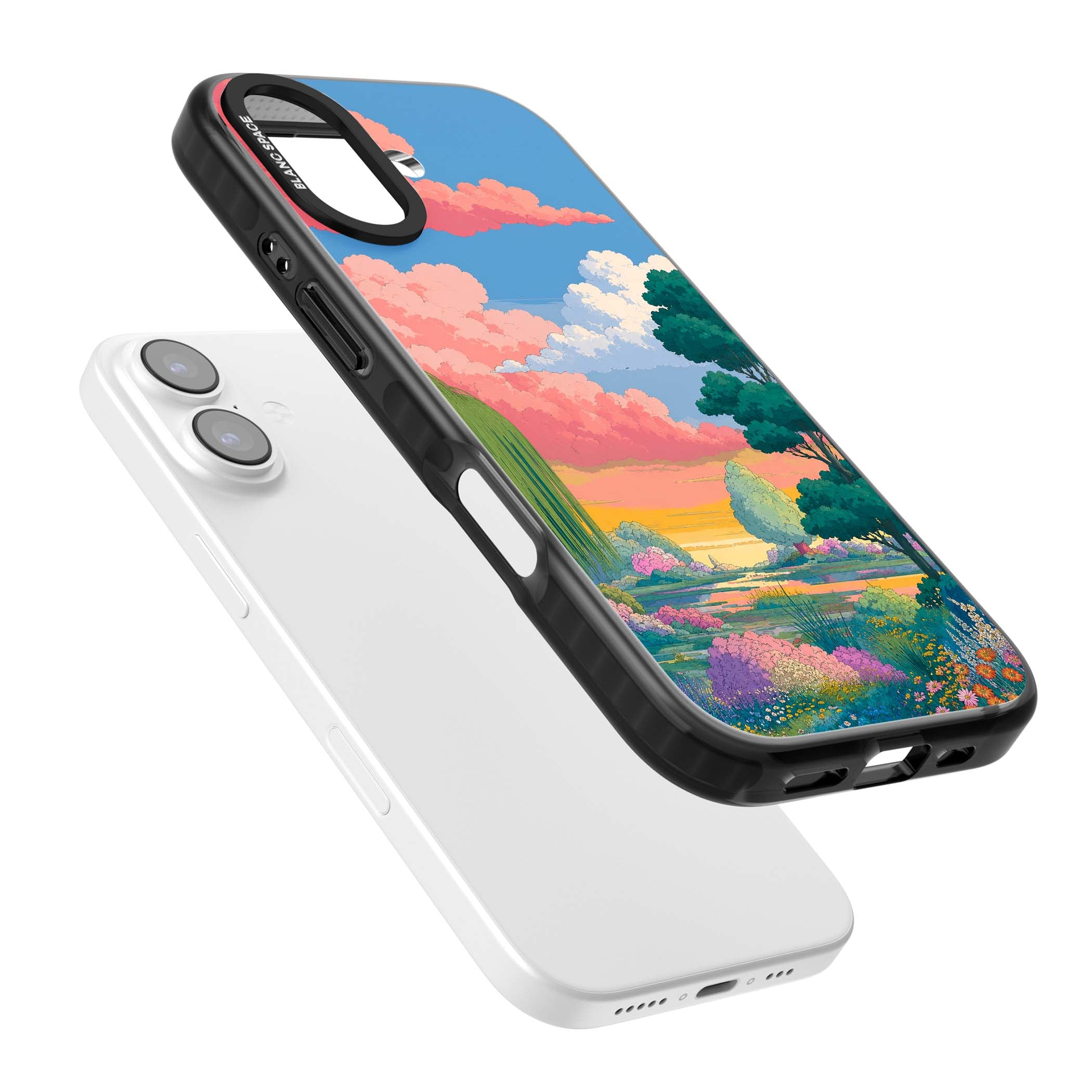 Dream Valley anime landscape iPhone case featuring pink sunset clouds, willow trees and wildflowers | Clear Impact case for iPhone 17