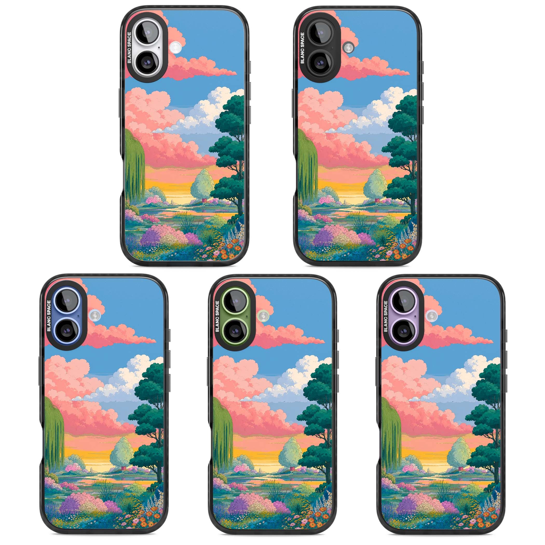 Dream Valley anime landscape iPhone case featuring pink sunset clouds, willow trees and wildflowers | Clear Impact case for iPhone 17