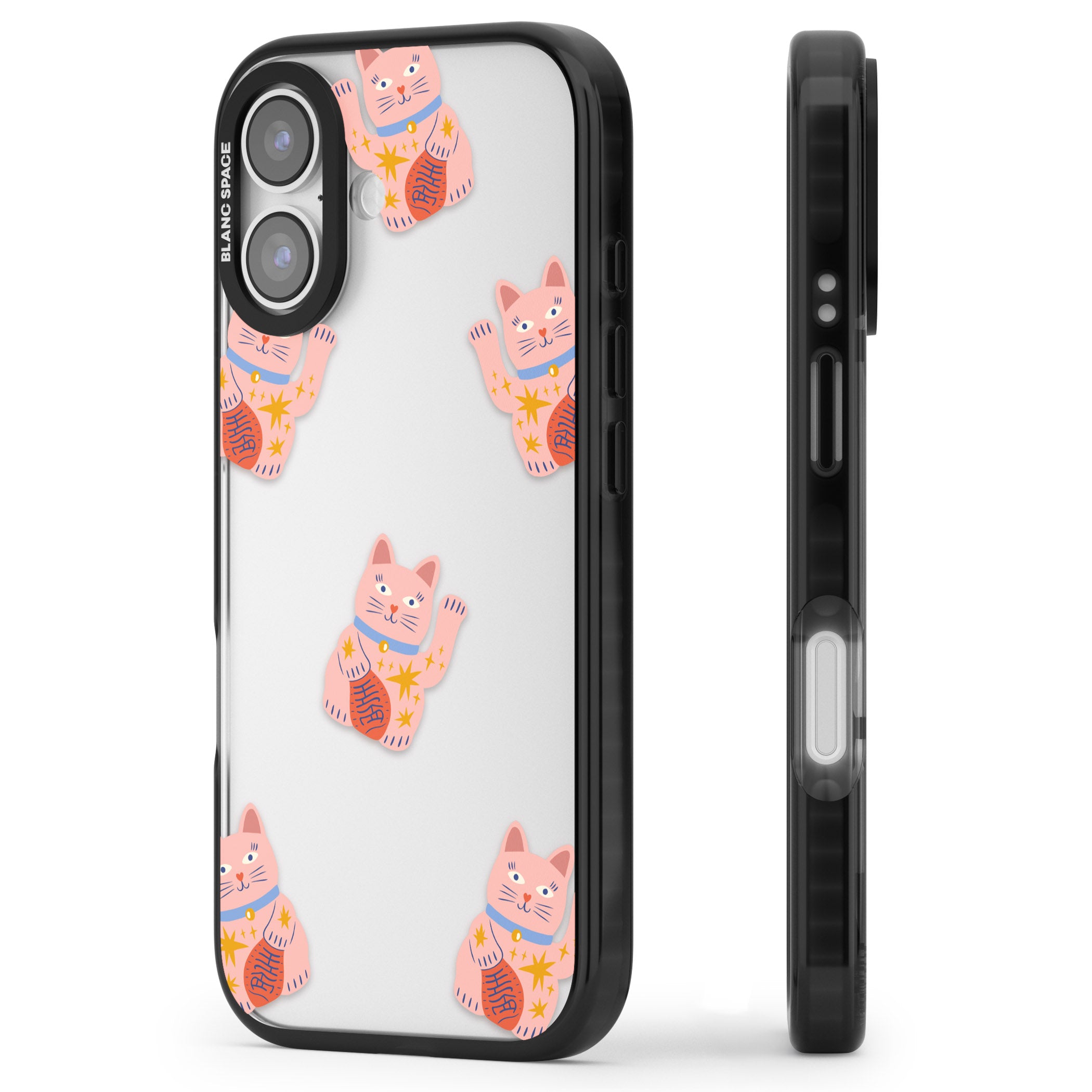 Waving Cat Pattern iPhone 17 Impact Black Phone Case Side Profile