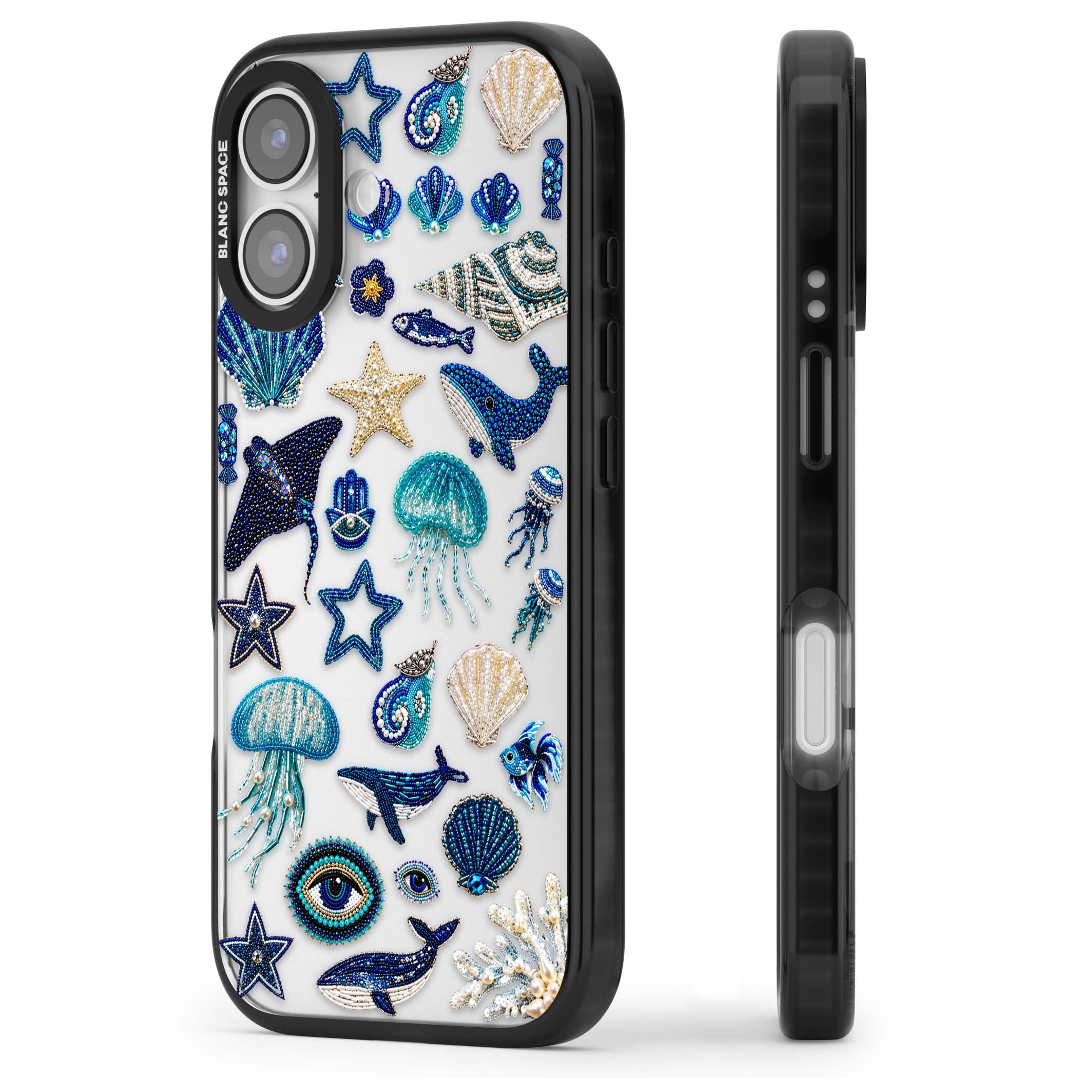 Beaded Coastal coastal iPhone case featuring embroidered seashells, jellyfish and a blue whale on clear | Clear Impact case for iPhone 17