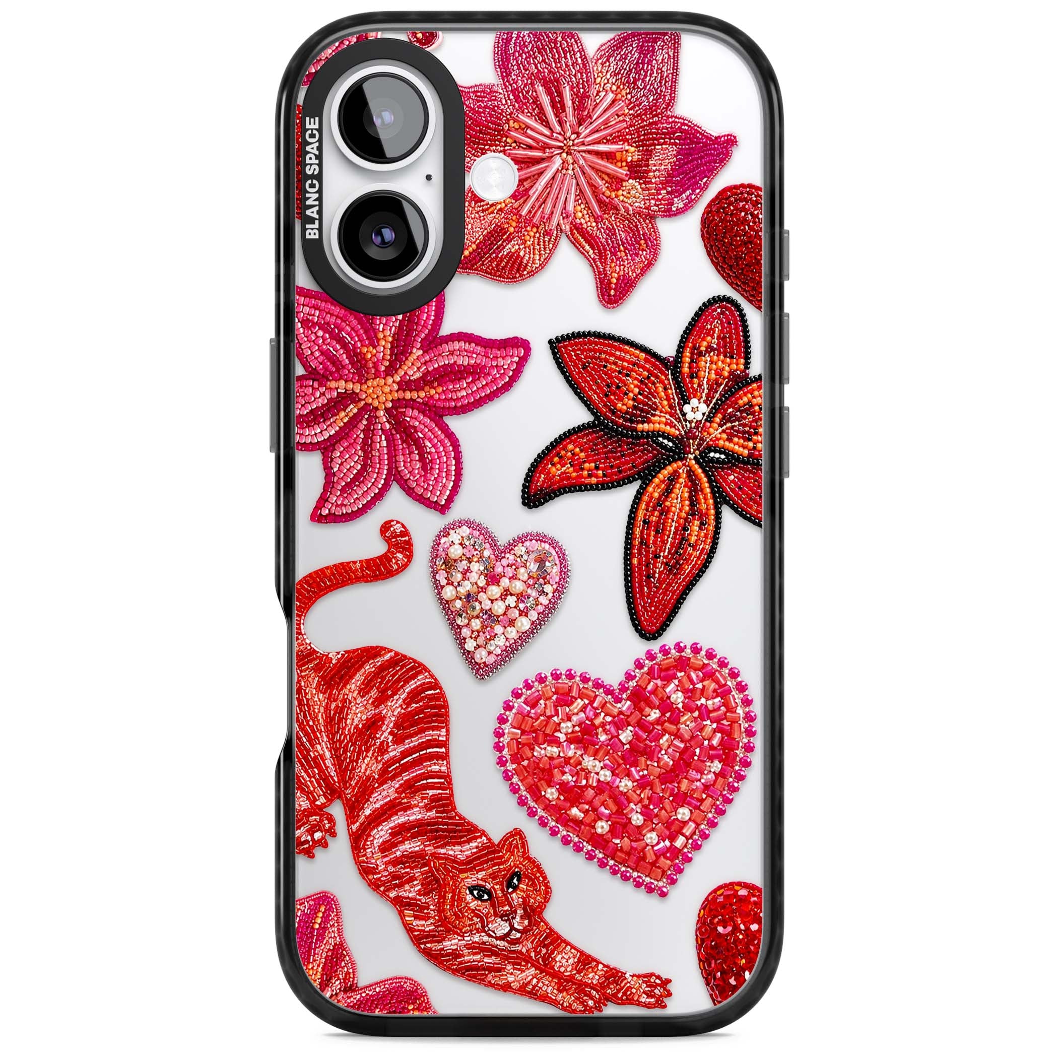 Beaded Boho floral iPhone case featuring beaded red lilies, a stitched tiger, and pearl-encrusted hearts on clear | Clear Impact case for iPhone 17