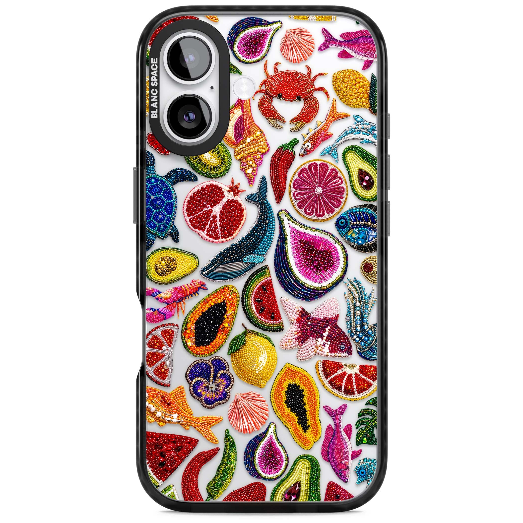Beaded Tropic tropical iPhone case featuring beaded fruit, fish, crabs and seashells in vibrant colour | Clear Impact case for iPhone 17