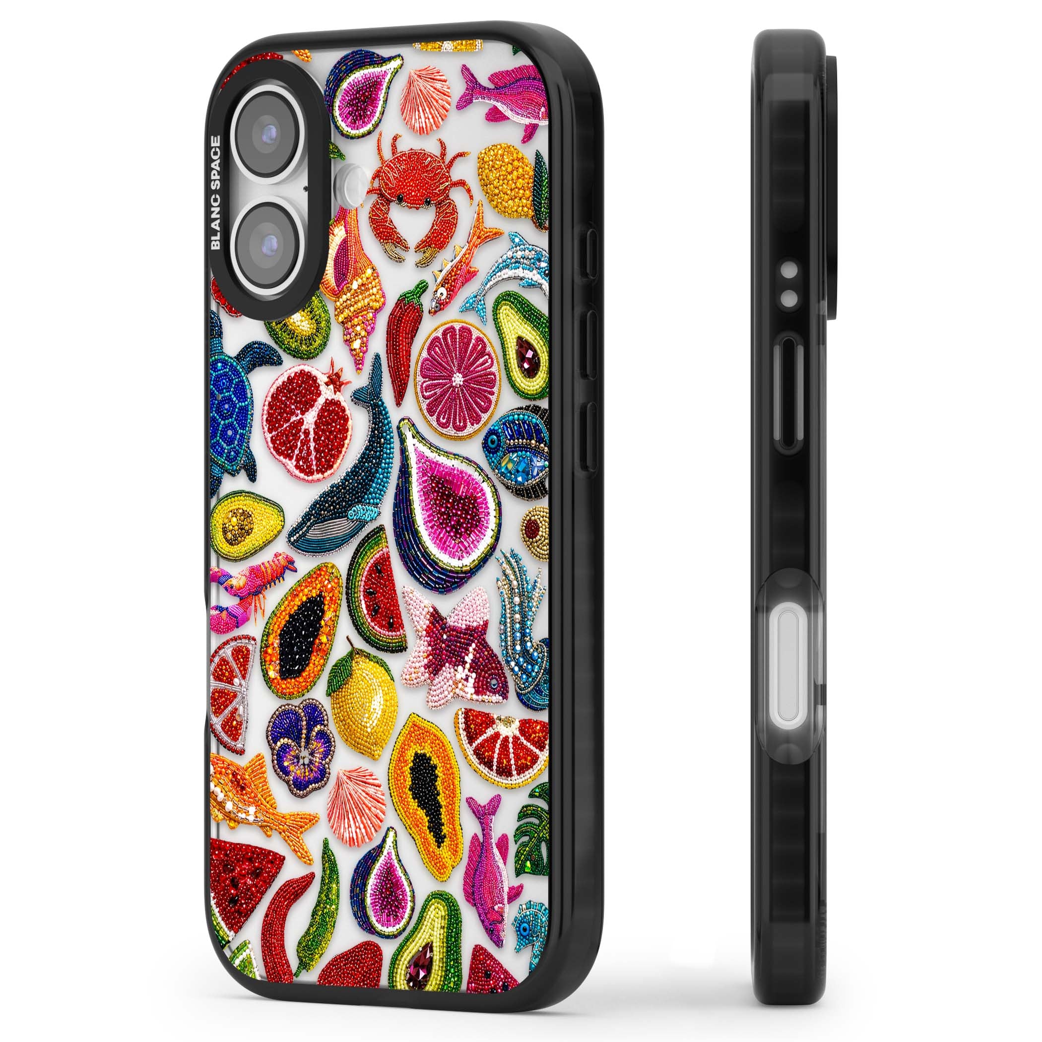 Beaded Tropic tropical iPhone case featuring beaded fruit, fish, crabs and seashells in vibrant colour | Clear Impact case for iPhone 17