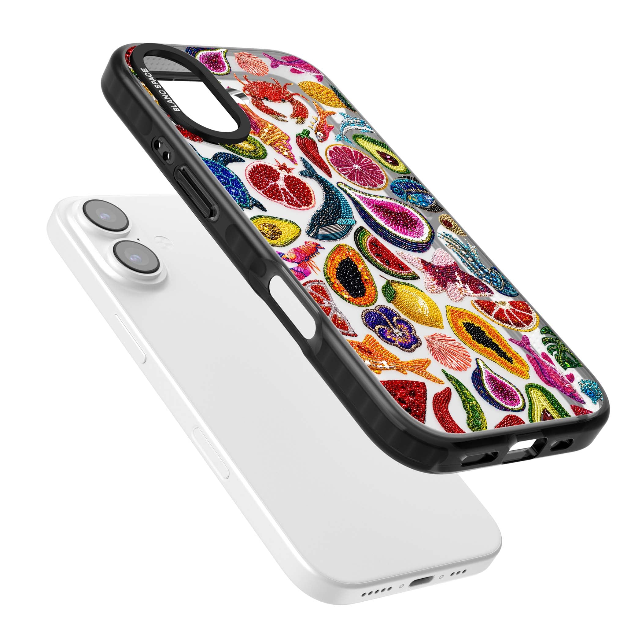 Beaded Tropic tropical iPhone case featuring beaded fruit, fish, crabs and seashells in vibrant colour | Clear Impact case for iPhone 17