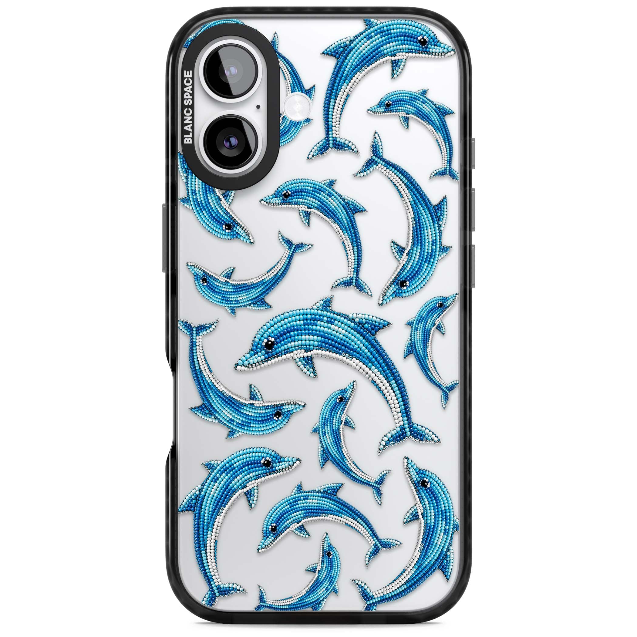 Beaded Dolphins coastal iPhone case featuring beaded dolphins in blue and white swimming across a clear background | Clear Impact case for iPhone 17