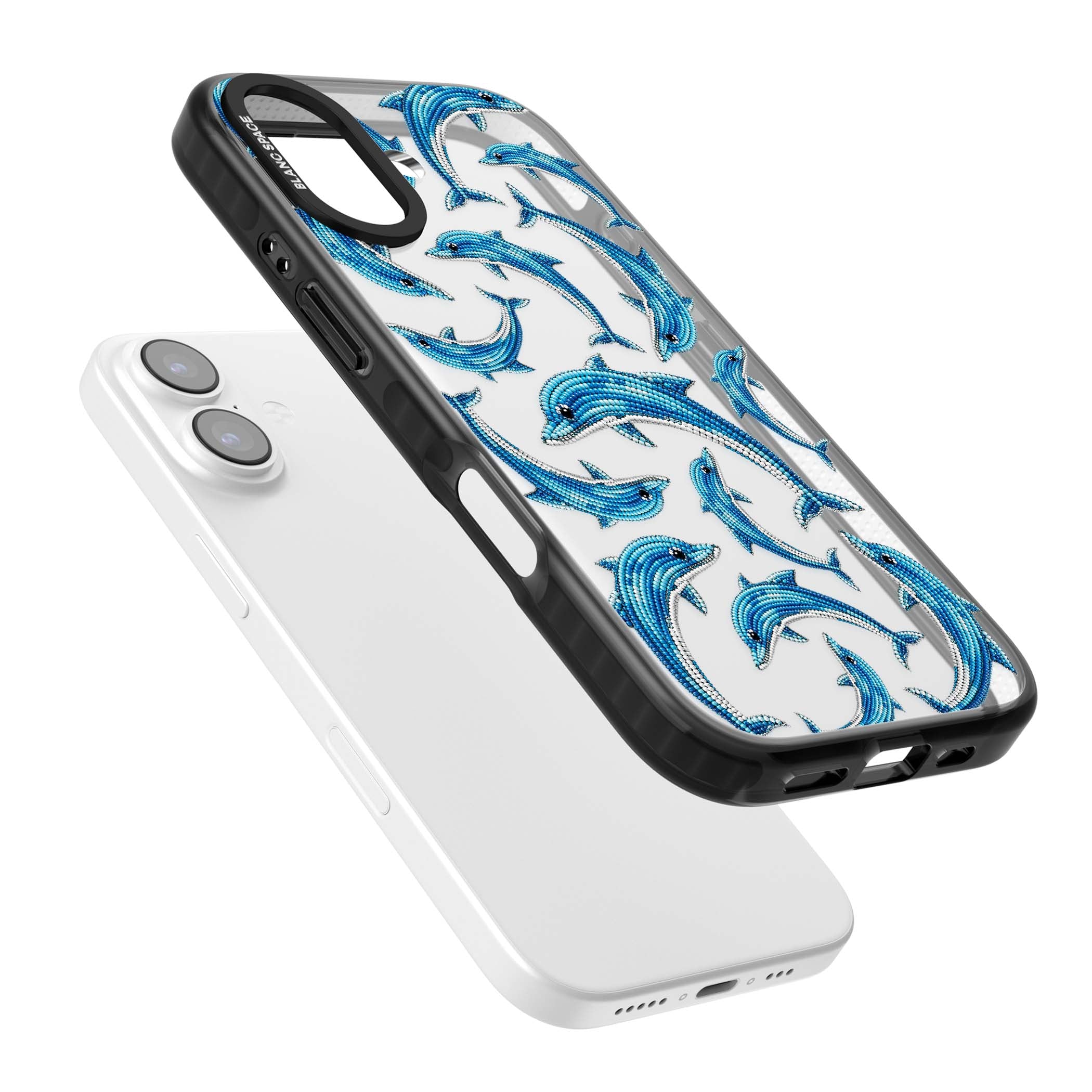 Beaded Dolphins coastal iPhone case featuring beaded dolphins in blue and white swimming across a clear background | Clear Impact case for iPhone 17