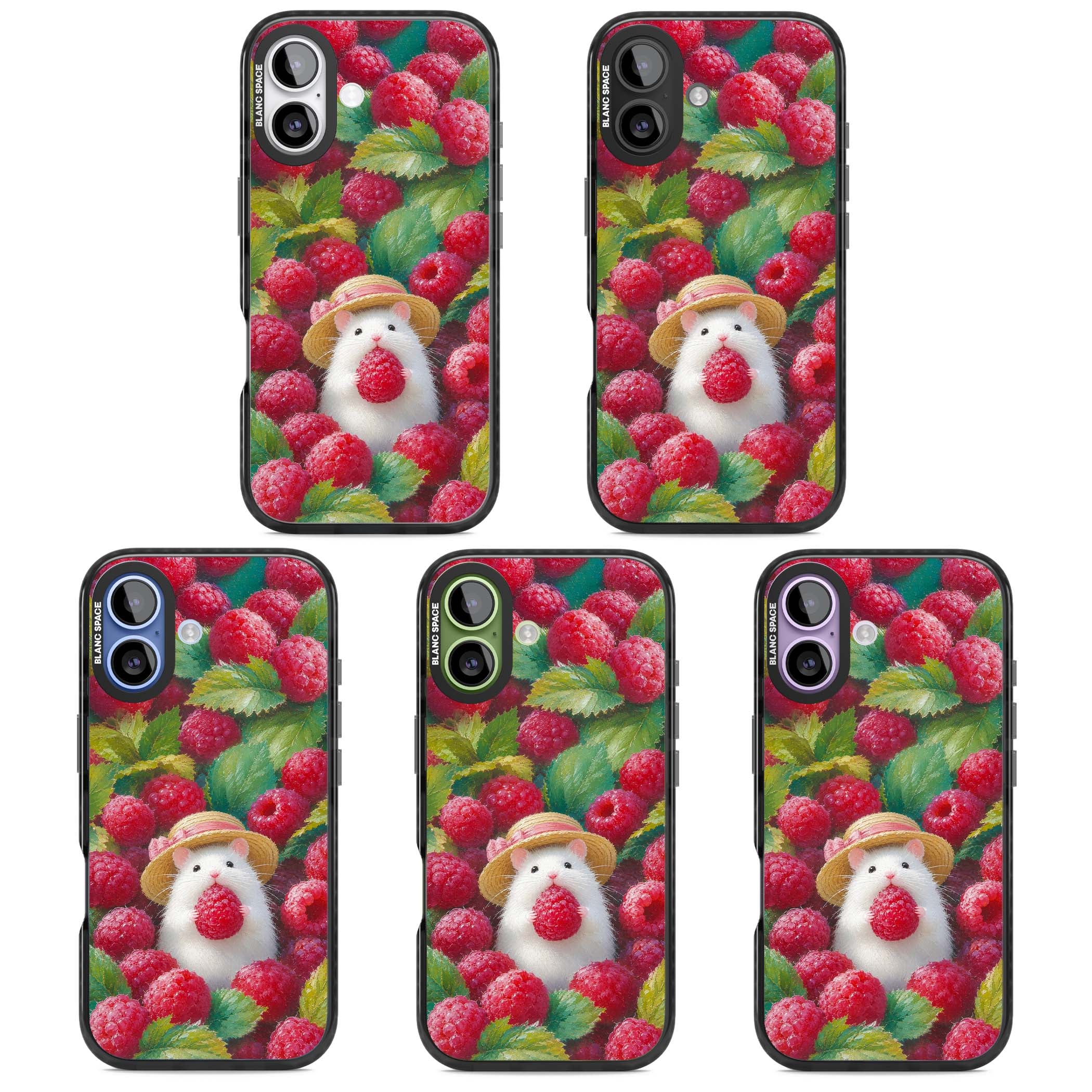 Berry Forager cottagecore iPhone case featuring a white hamster in a straw hat holding a raspberry surrounded by ripe ber | Clear Impact case for iPhone 17