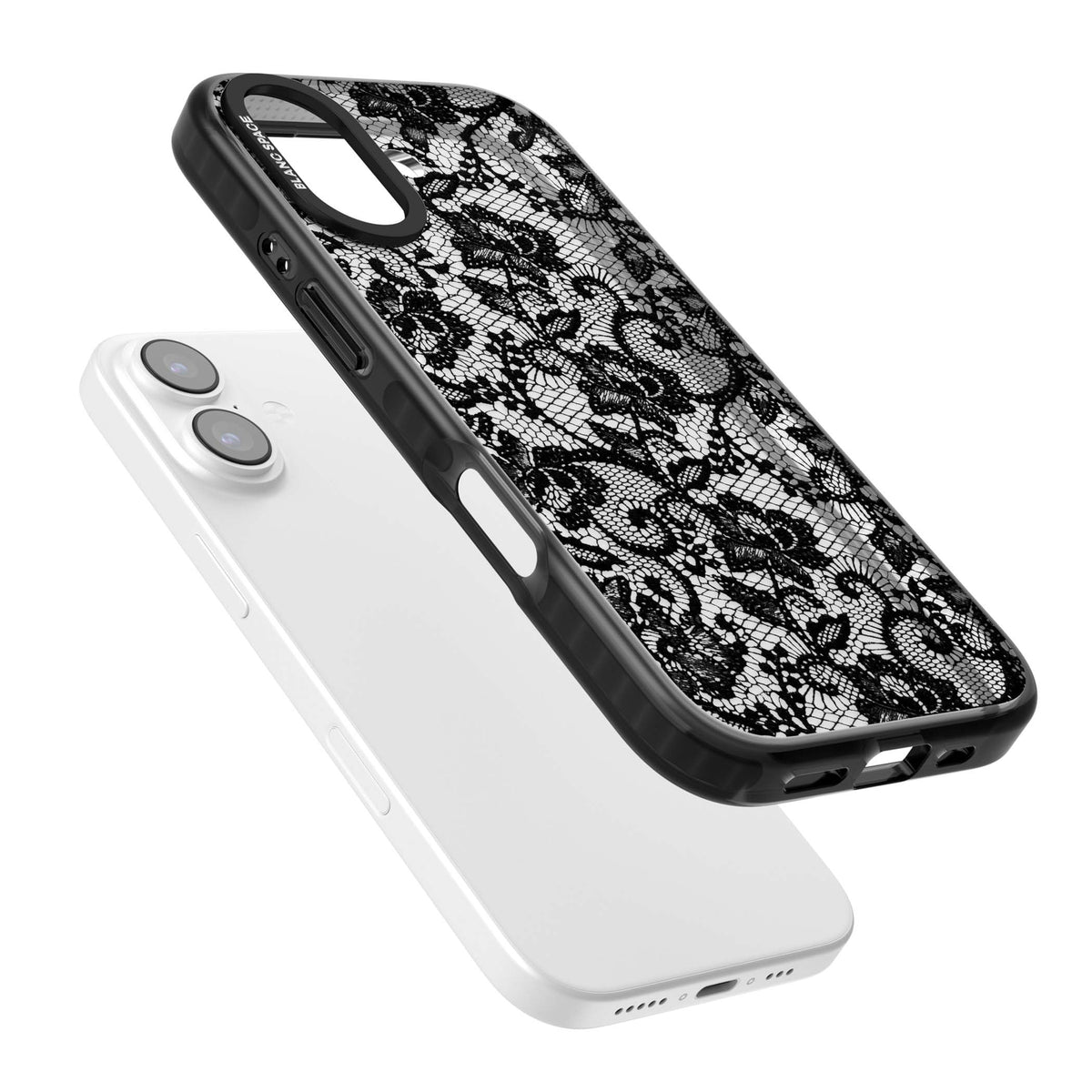 Black Lace gothic iPhone case featuring intricate black floral lace pattern with vintage whimsigoth detail | Clear Impact case for iPhone 17