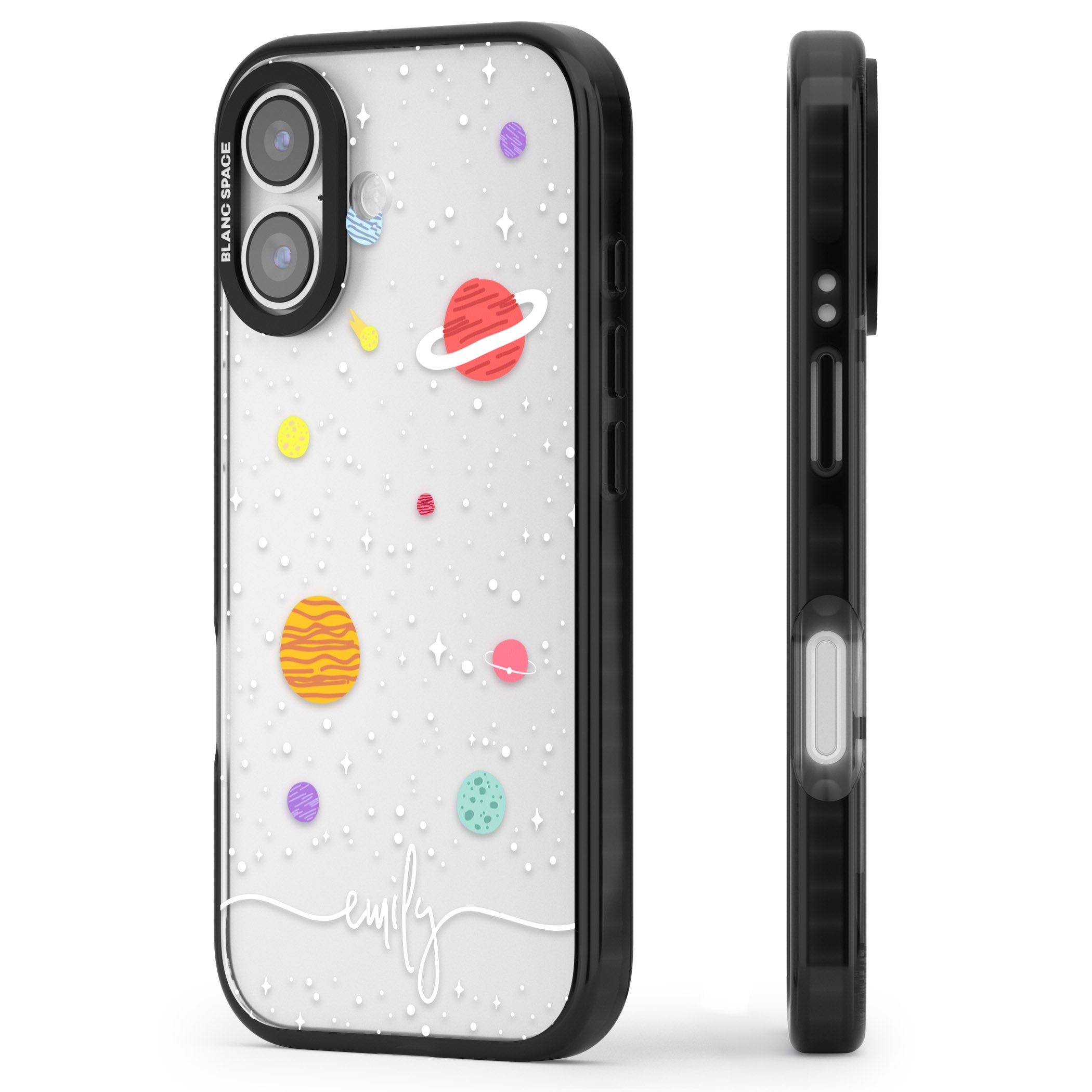 Personalised Cute Cartoon Planet (Clear) iPhone 17 Impact Black Phone Case Side Profile