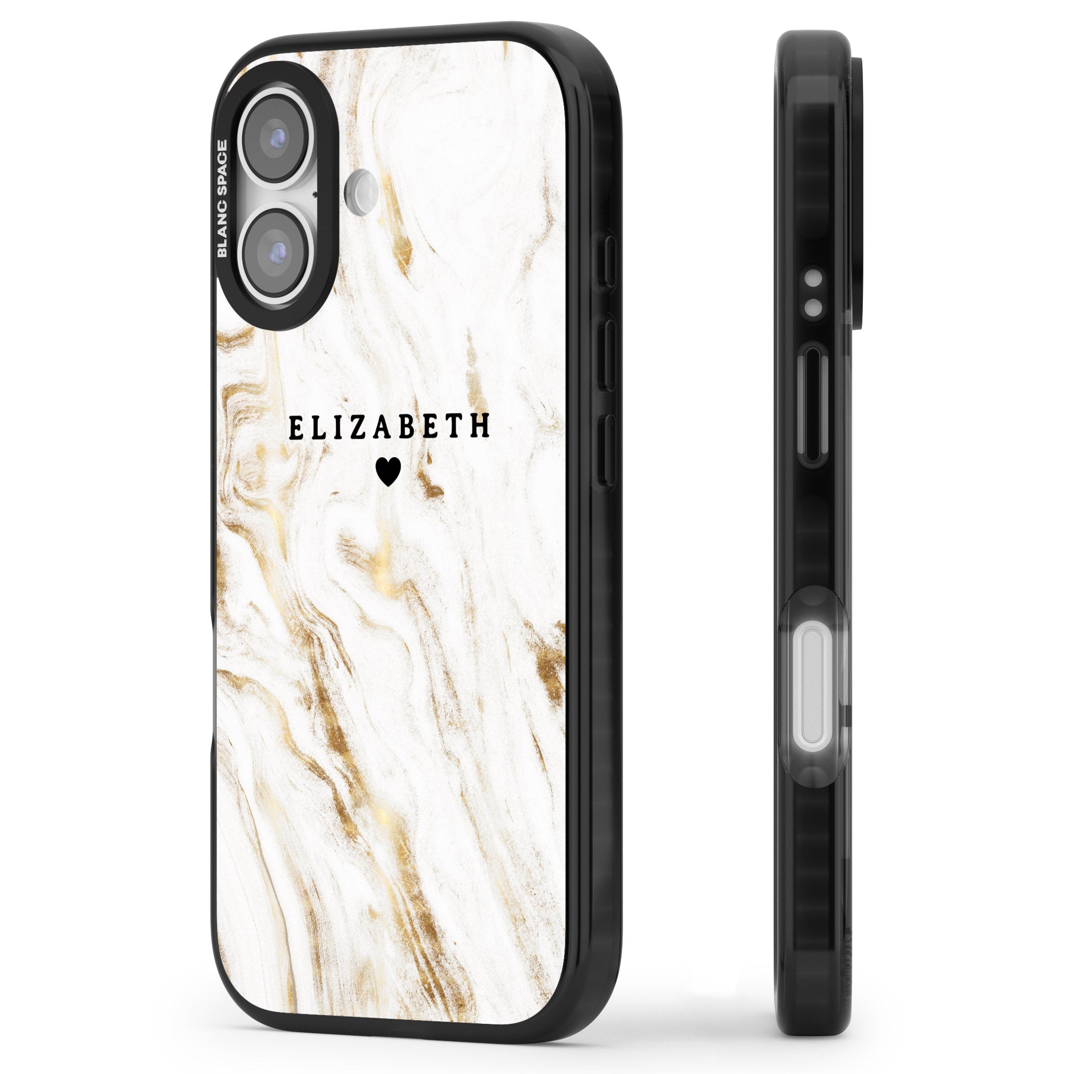 Personalised White & Gold Swirl Marble iPhone 17 Impact Black Phone Case Side Profile