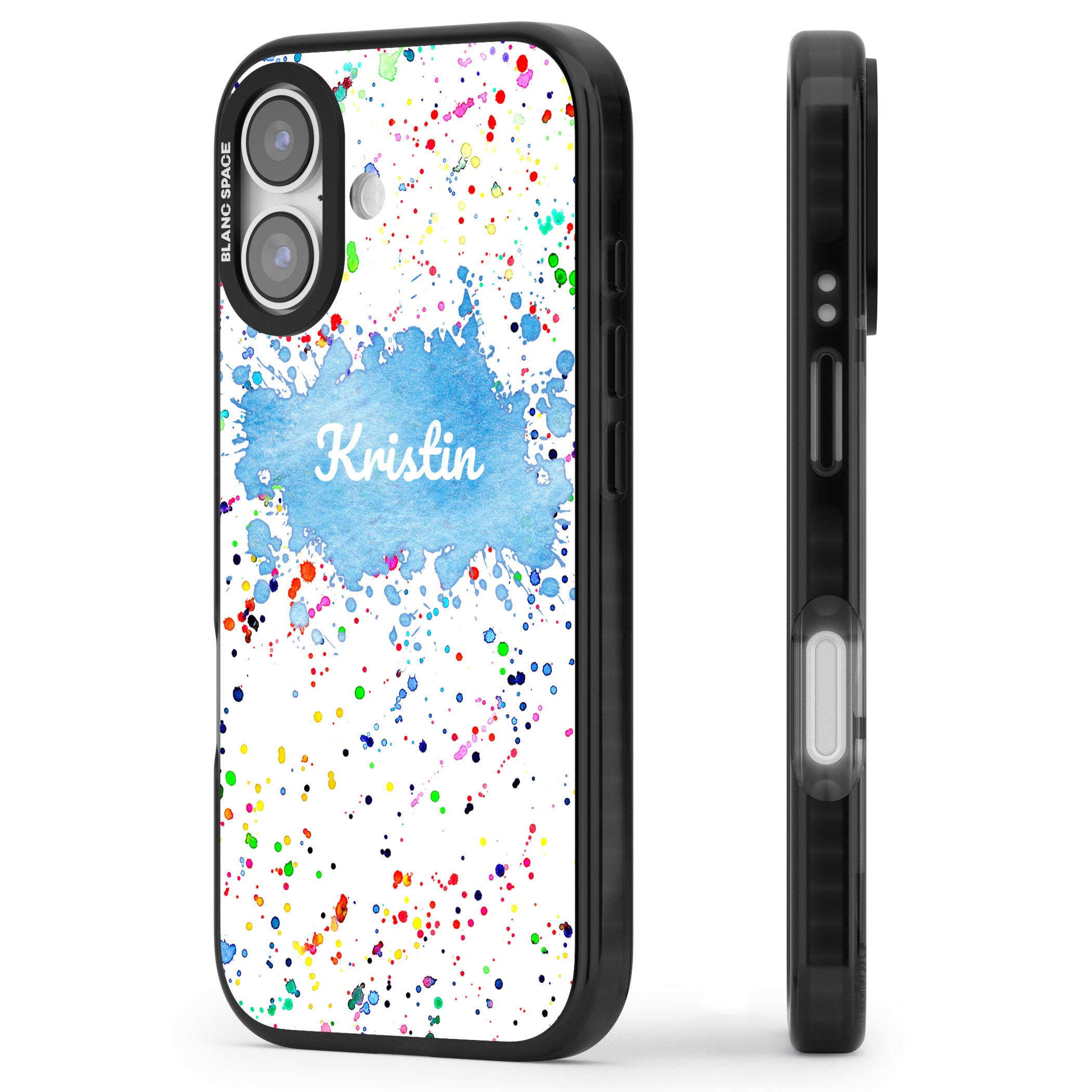Personalised Rainbow Splatter Name iPhone 17 Impact Black Phone Case Side Profile