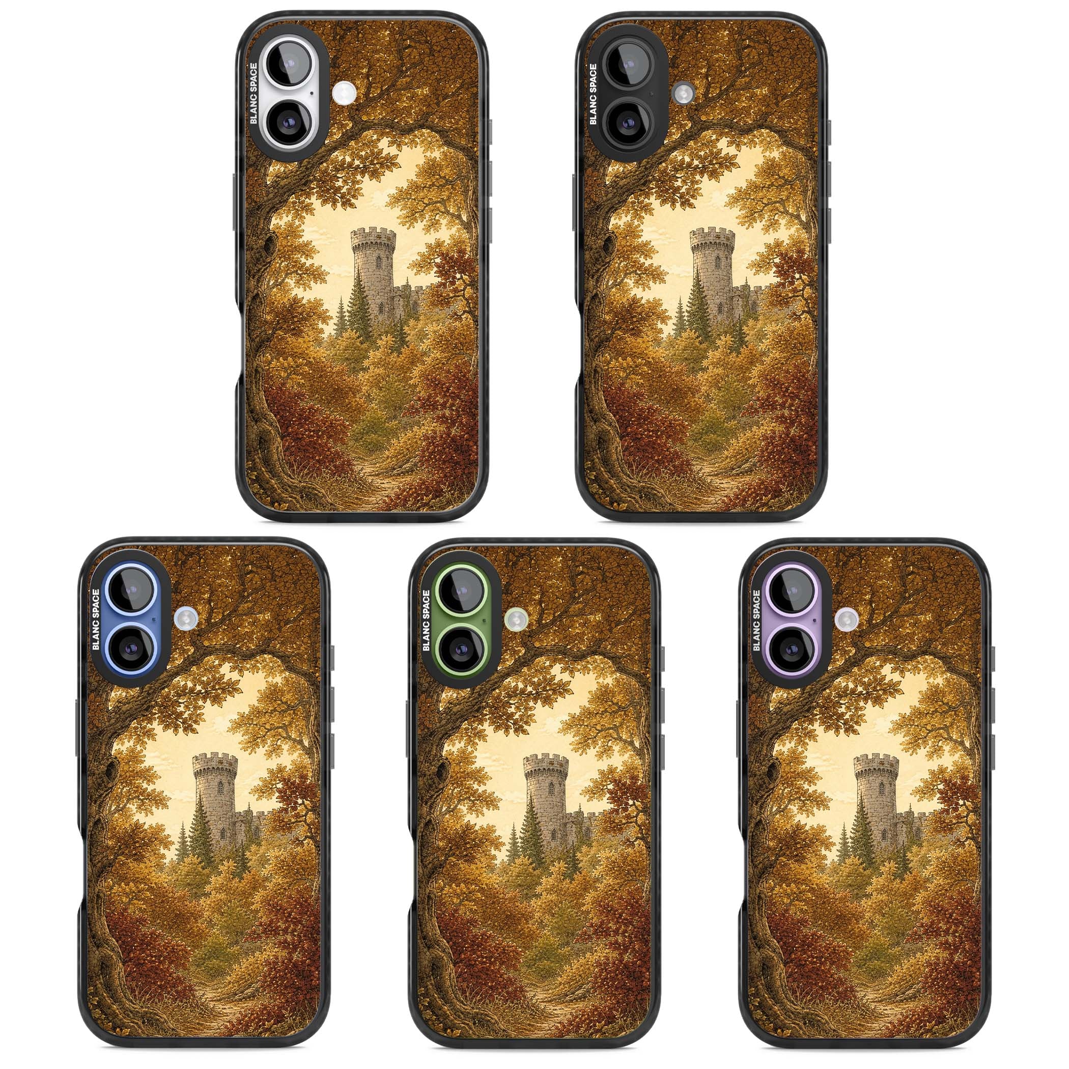 Autumn Keep cottagecore iPhone case featuring a medieval castle tower framed by golden autumn trees and woodland foliage | Clear Impact case for iPhone 17