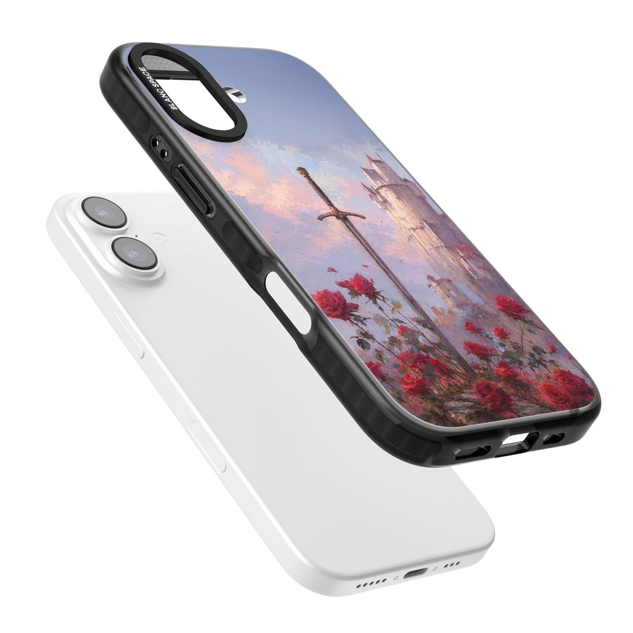 Sword in Roses medieval art iPhone case featuring a sword, red roses, and a misty fairytale castle at sunset | Clear Impact case for iPhone 17