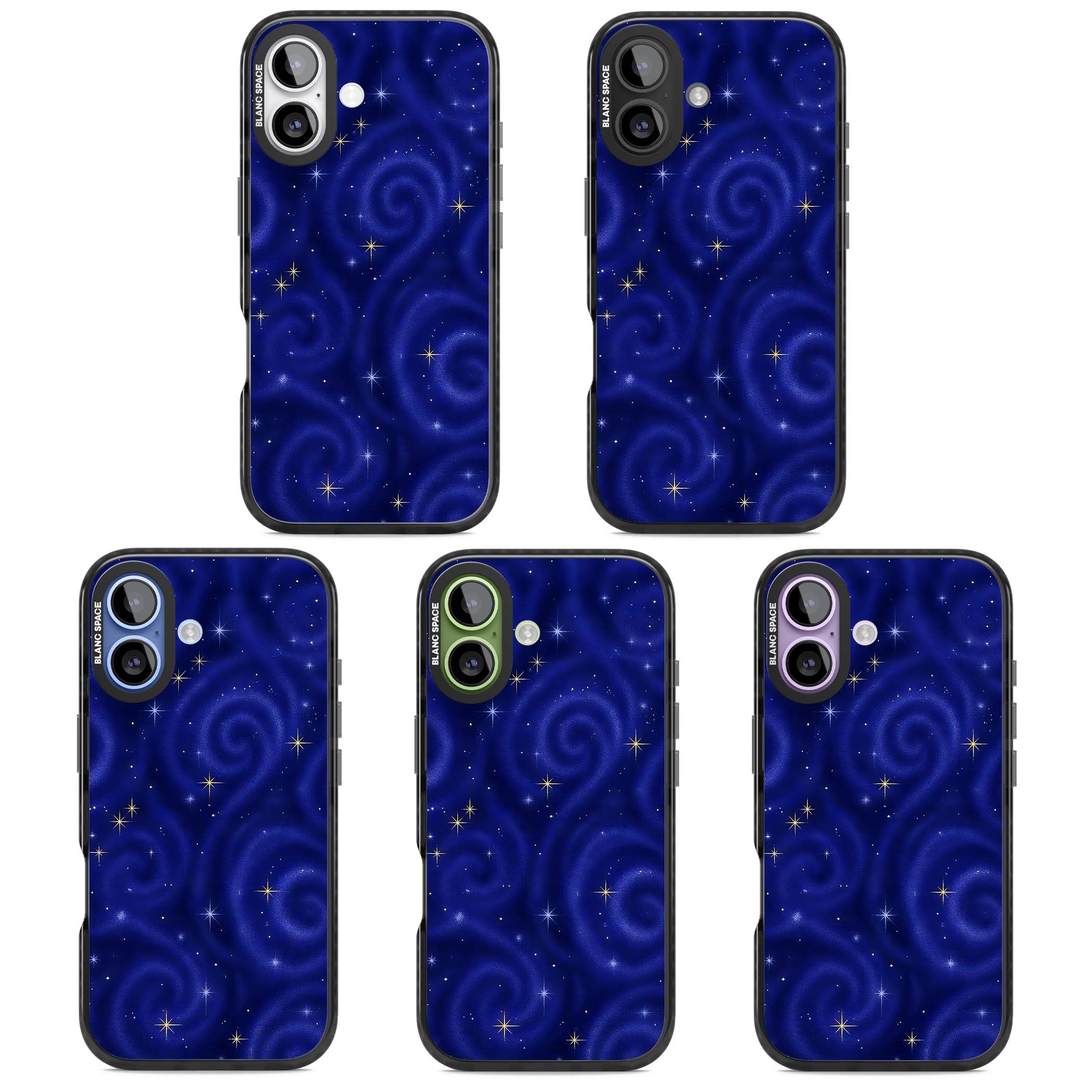 Indigo Cosmos celestial iPhone case featuring swirling navy night sky and sparkling golden stars | Clear Impact case for iPhone 17