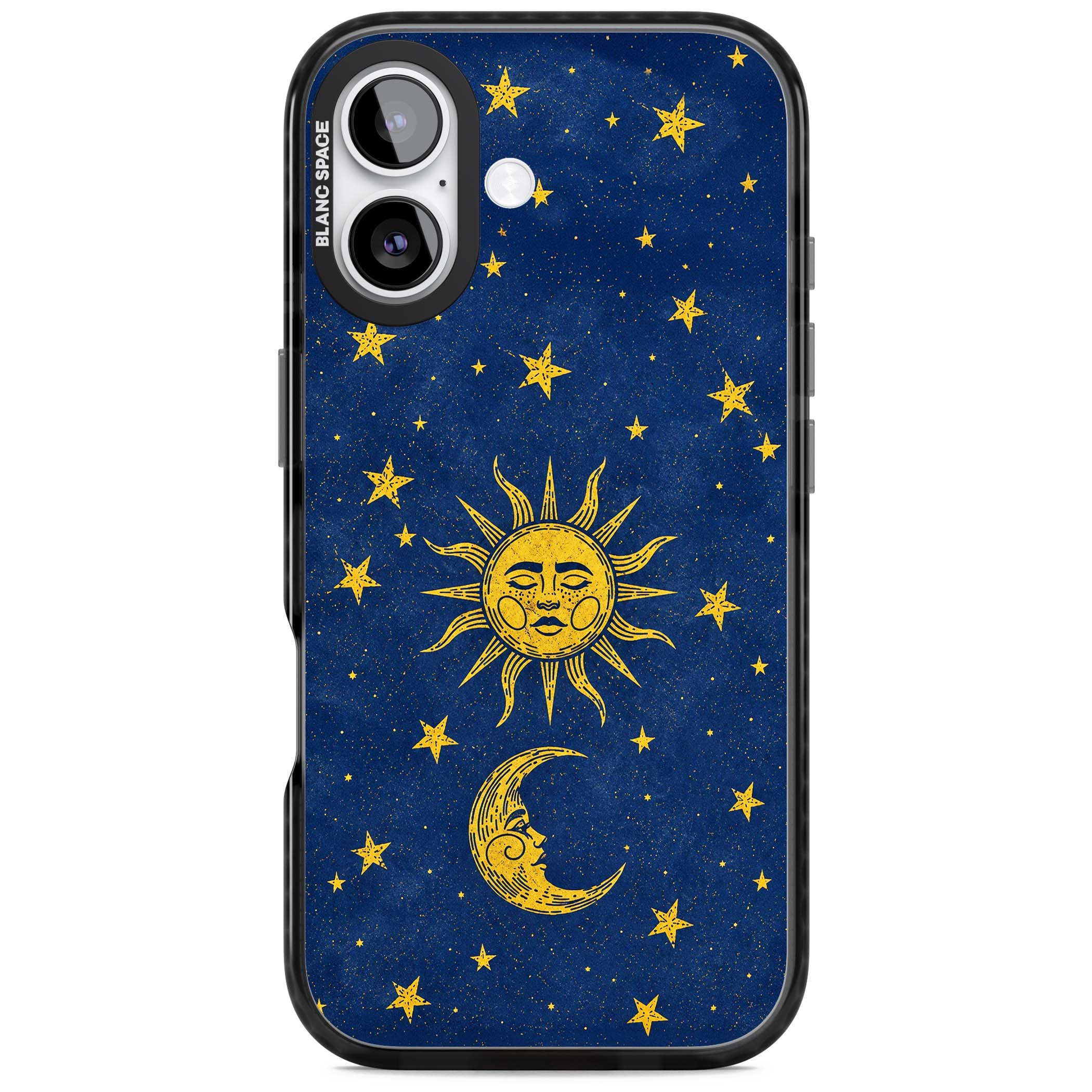 Sun & Moon Reverie celestial iPhone case featuring a vintage golden sun, crescent moon and scattered stars on midnight blue | Clear Impact case for iPhone 17
