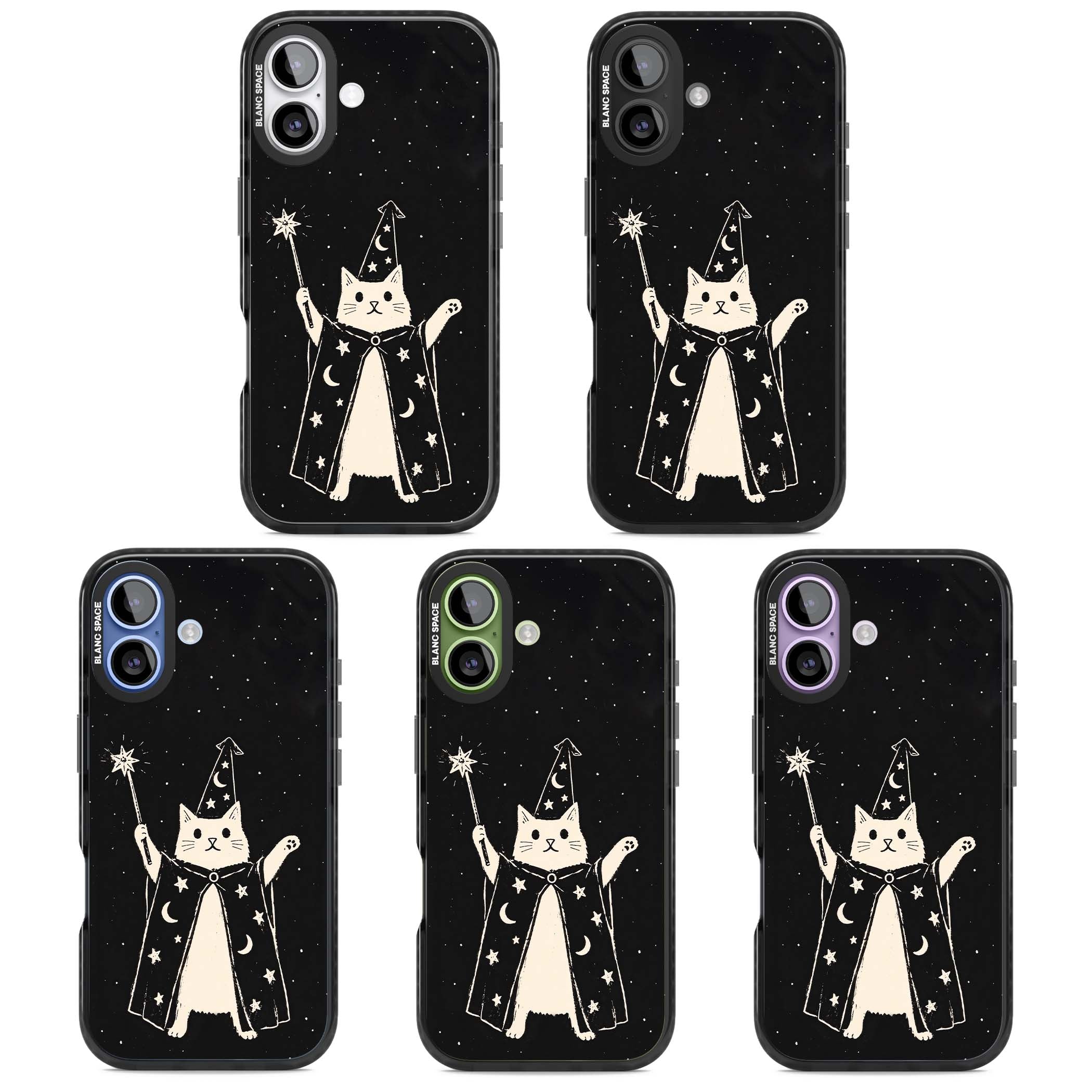Whisker Wizard celestial cat iPhone case featuring a wizard cat with magic wand, starry night sky and crescent moons | Clear Impact case for iPhone 17