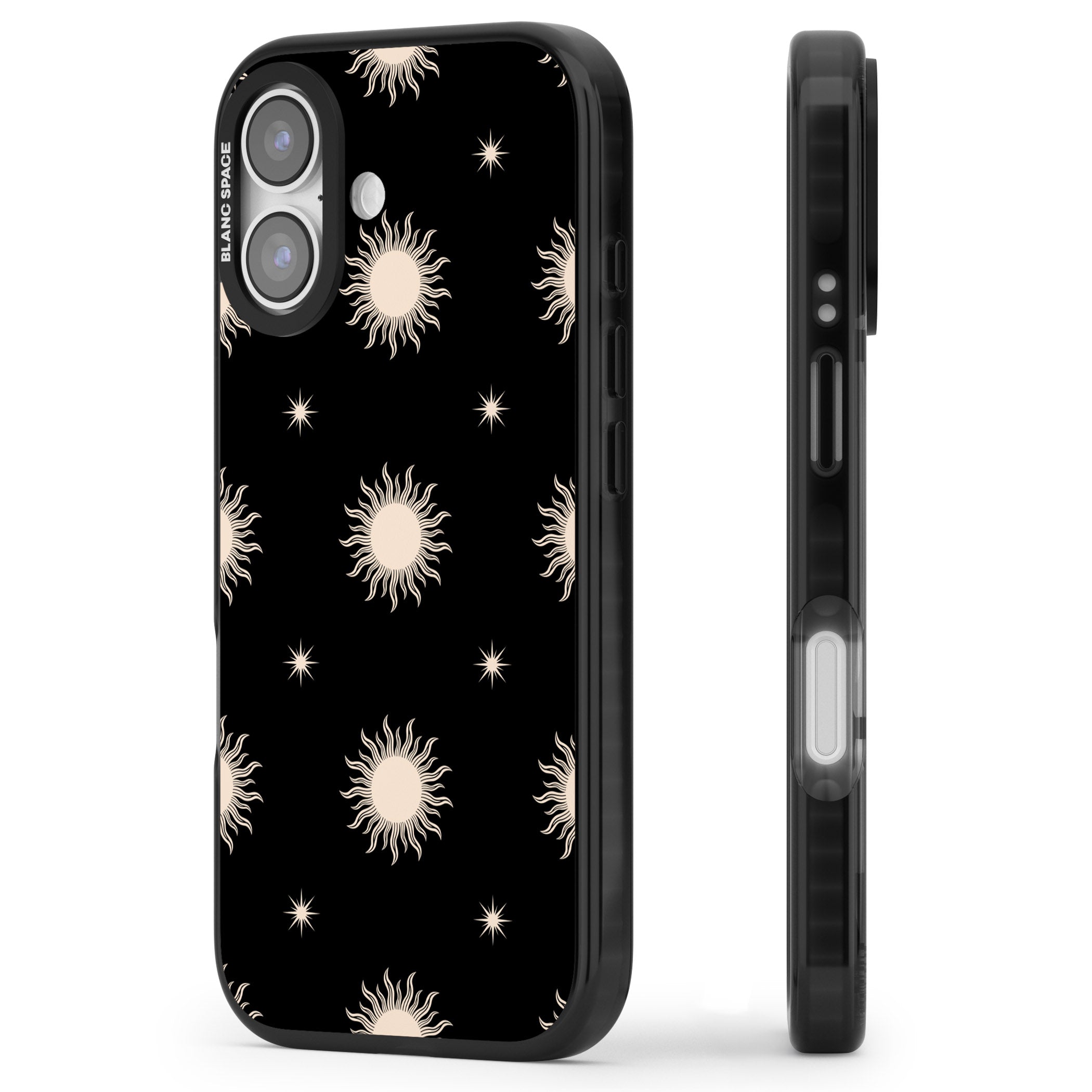 Celestial Patterns Classic Suns (Black) iPhone 17 Impact Black Phone Case Side Profile
