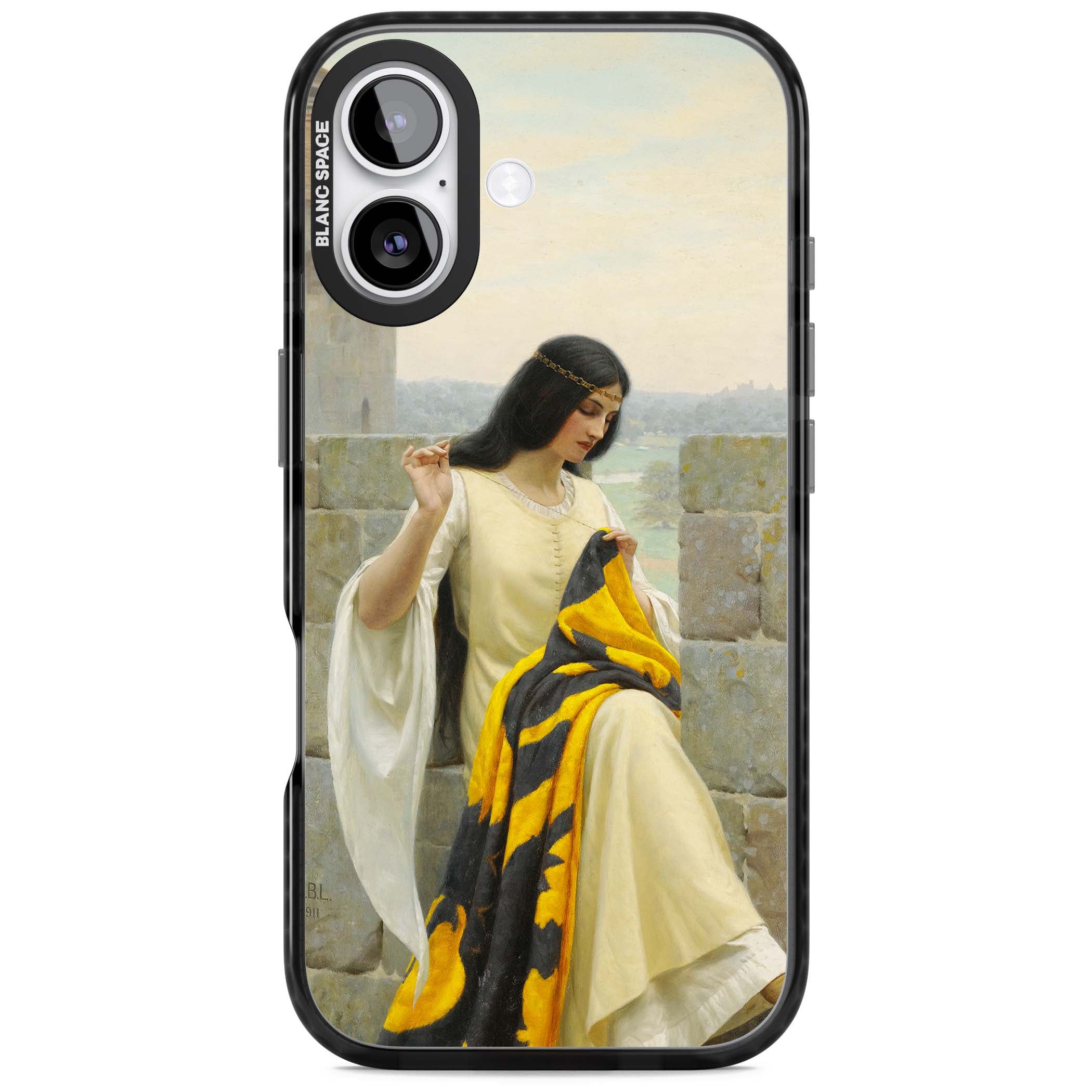 Stitching the Standard renaissance art iPhone case featuring a medieval lady sewing a golden banner on a castle wall | Clear Impact case for iPhone 17