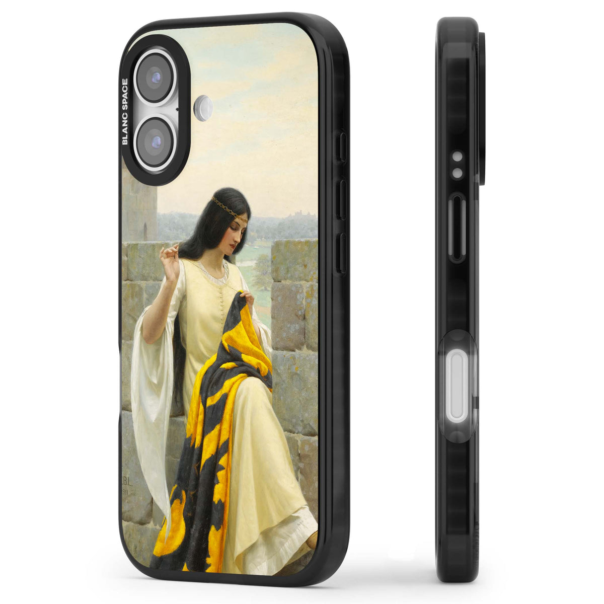 Stitching the Standard renaissance art iPhone case featuring a medieval lady sewing a golden banner on a castle wall | Clear Impact case for iPhone 17