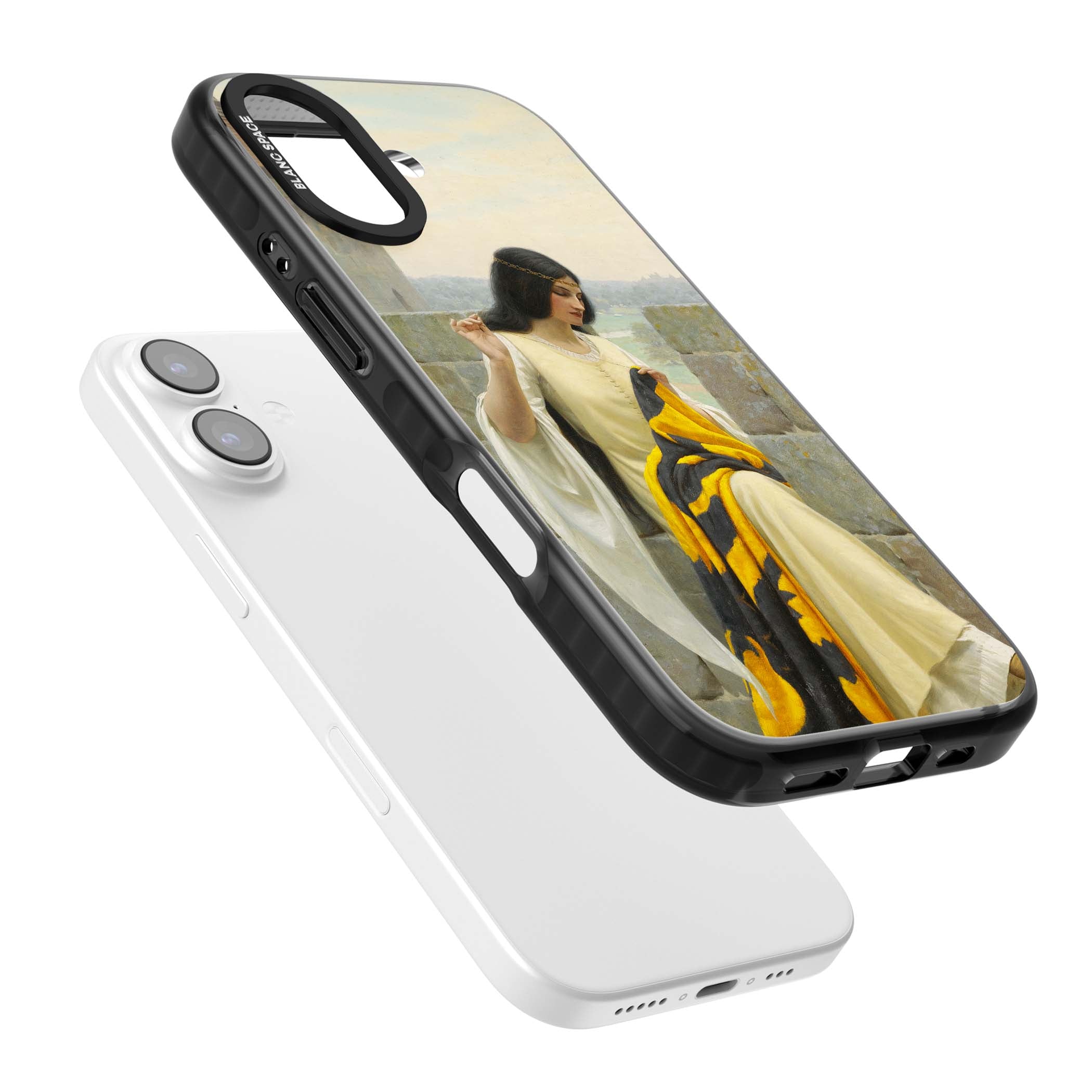 Stitching the Standard renaissance art iPhone case featuring a medieval lady sewing a golden banner on a castle wall | Clear Impact case for iPhone 17
