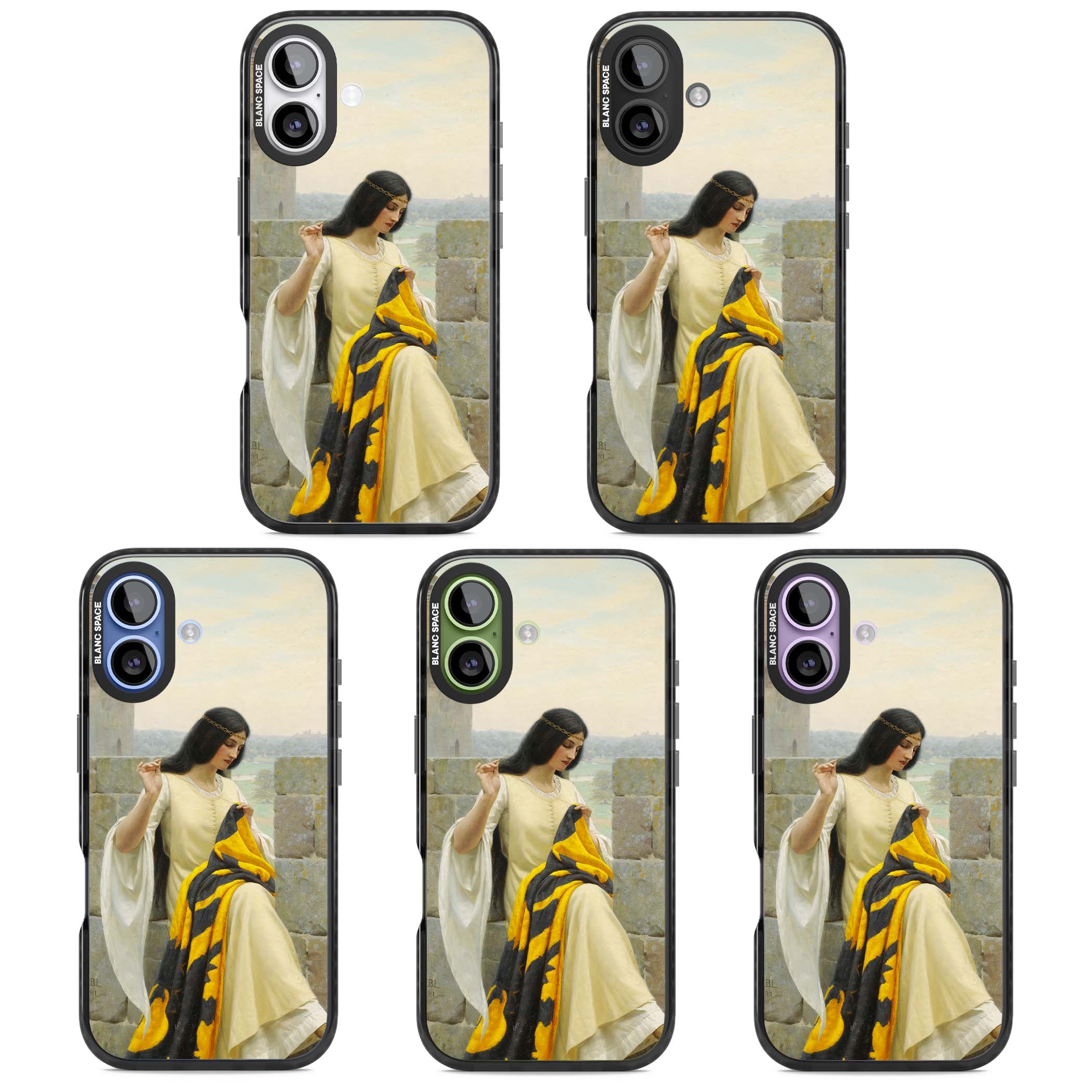 Stitching the Standard renaissance art iPhone case featuring a medieval lady sewing a golden banner on a castle wall | Clear Impact case for iPhone 17