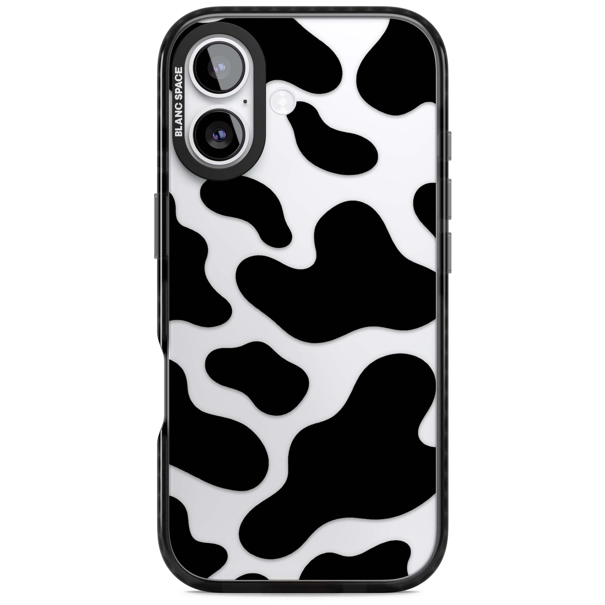 Clear Cow Print cow print iPhone case featuring black and white cow pattern splotches on a clear background | Clear Impact case for iPhone 17