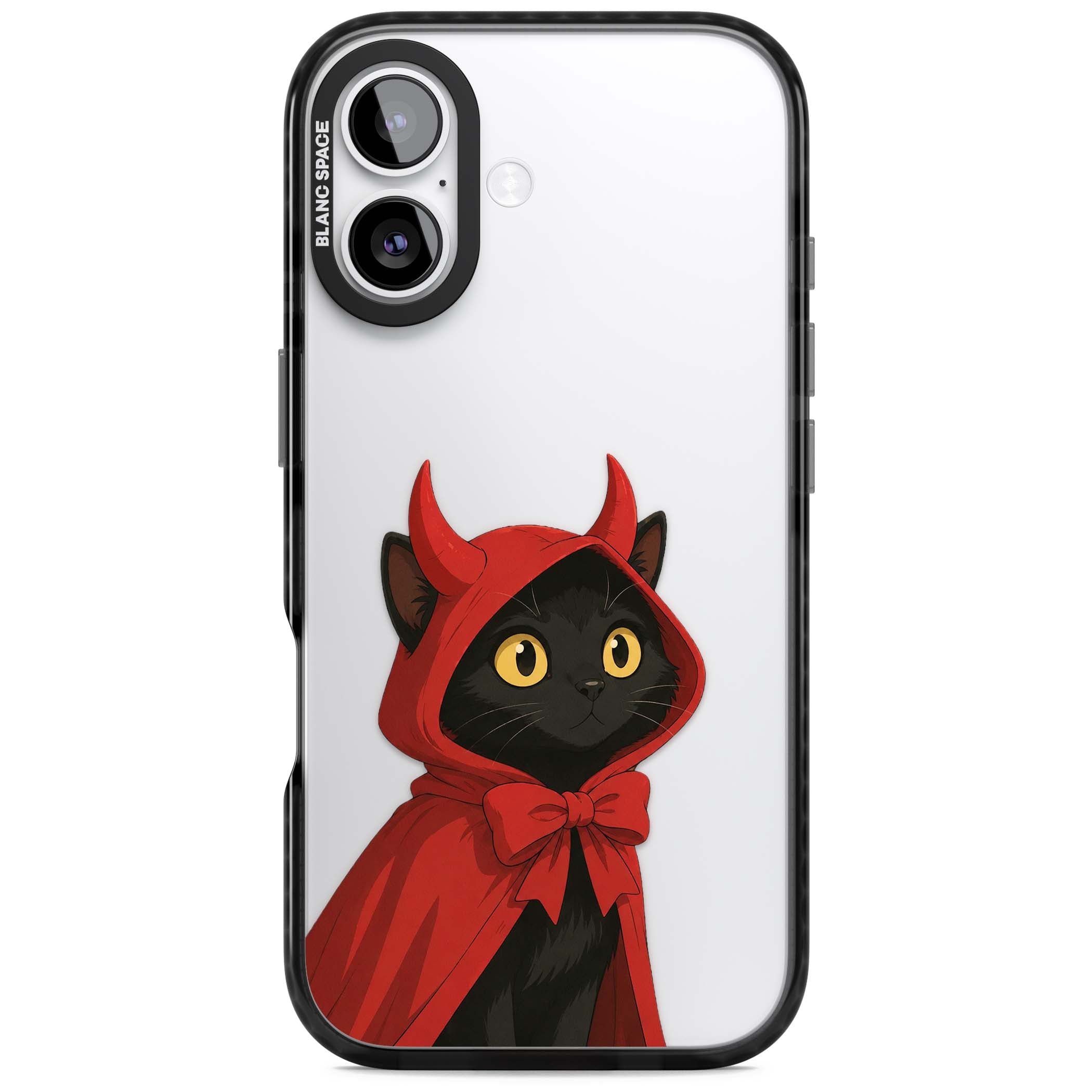 Little Devil halloween iPhone case featuring a black cat in a red hooded devil cloak with horns and golden eyes | Clear Impact case for iPhone 17