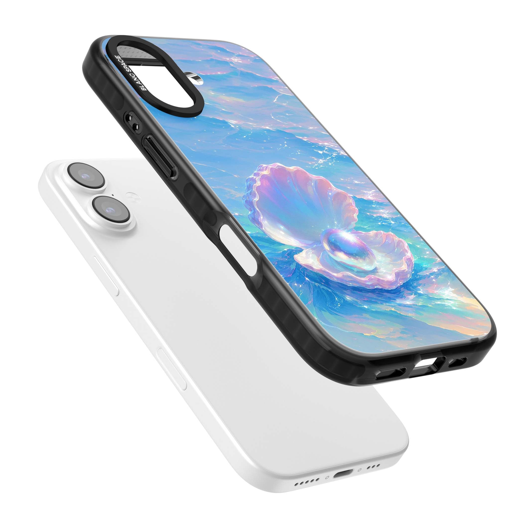 The Pearl Clam mermaidcore iPhone case featuring iridescent seashell, glowing pearl and pastel ocean waves | Clear Impact case for iPhone 17