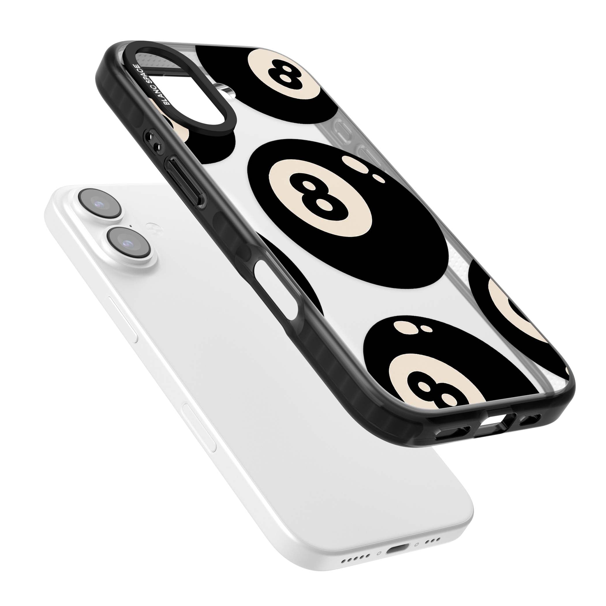 Eights y2k iPhone case featuring scattered black 8 balls with cream highlights on a clear background | Clear Impact case for iPhone 17