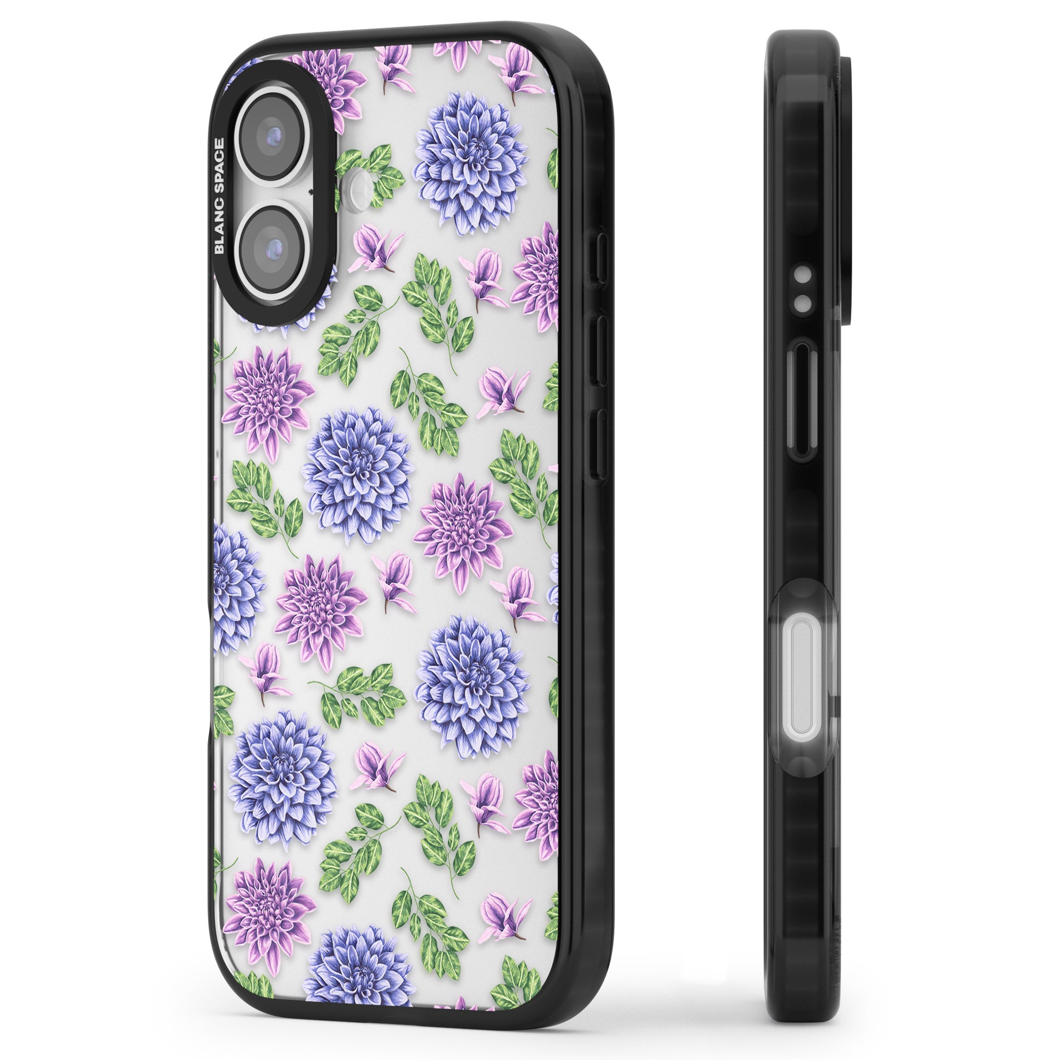 Purple Dahlias Floral iPhone 17 Impact Black Phone Case Side Profile