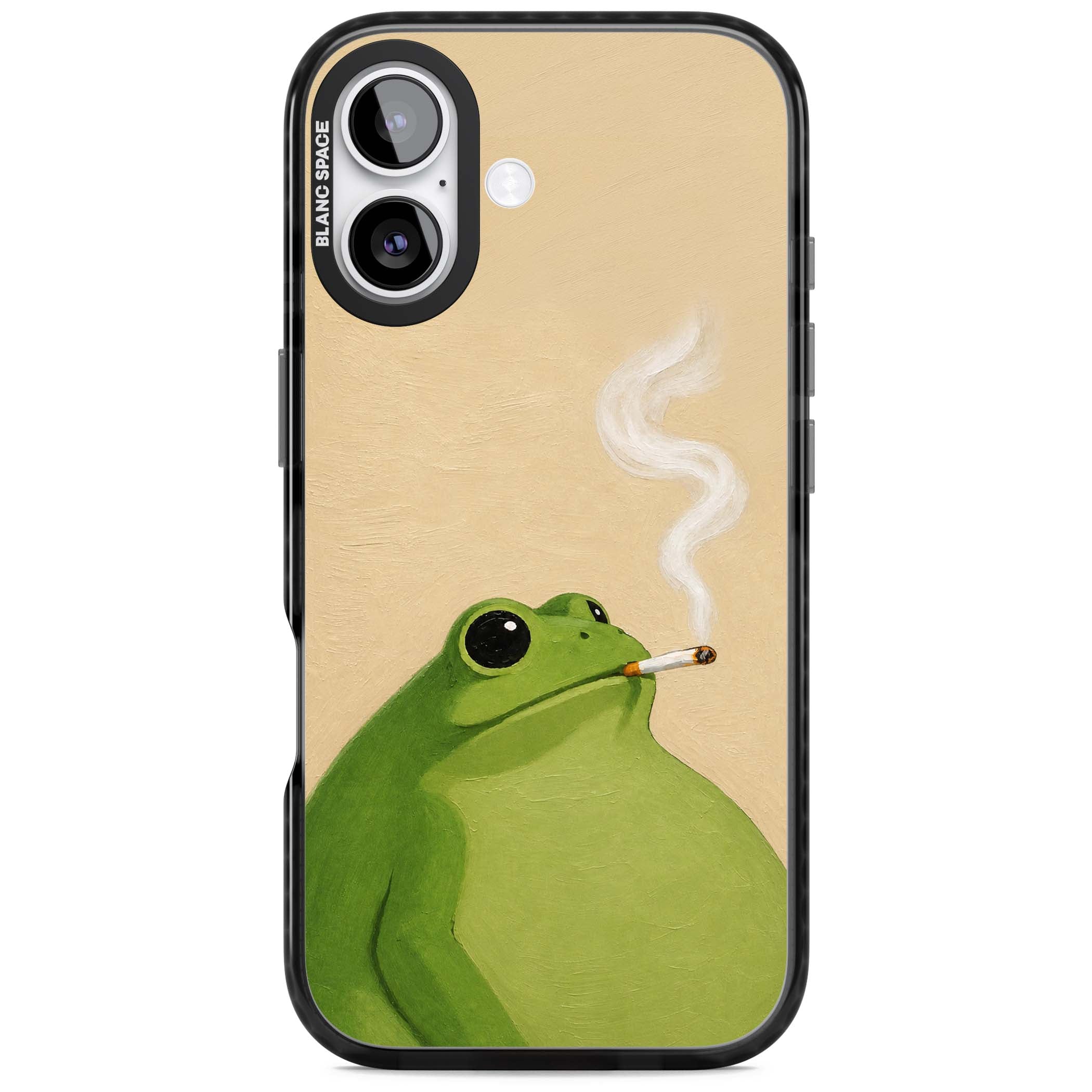 The Smoking Frog cottagecore iPhone case featuring a hand-painted green frog smoking a cigarette on a cream oil painting back | Clear Impact case for iPhone 17