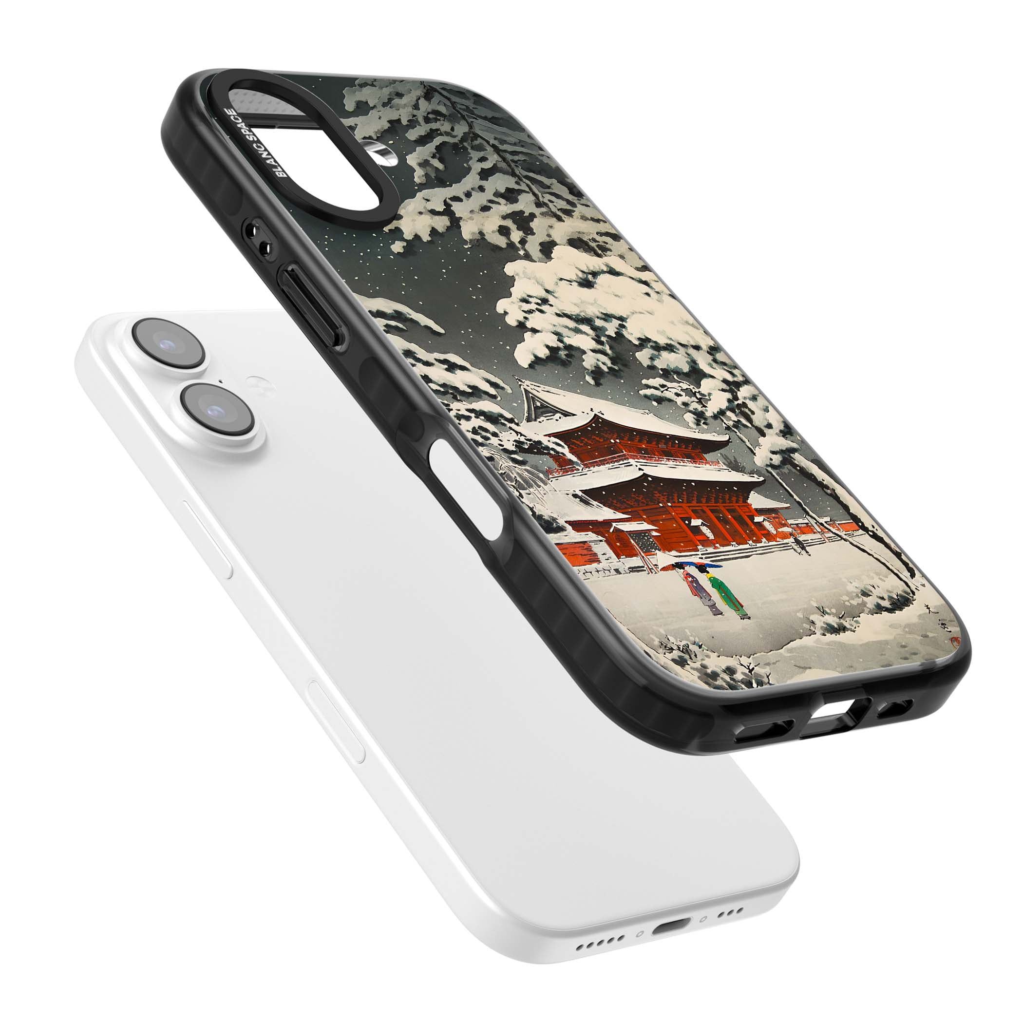 Snow at Shiha Park, Tokyo Japanese art iPhone case featuring a vintage ukiyo-e snowy temple, red pagoda, and snow-covered pin | Clear Impact case for iPhone 17