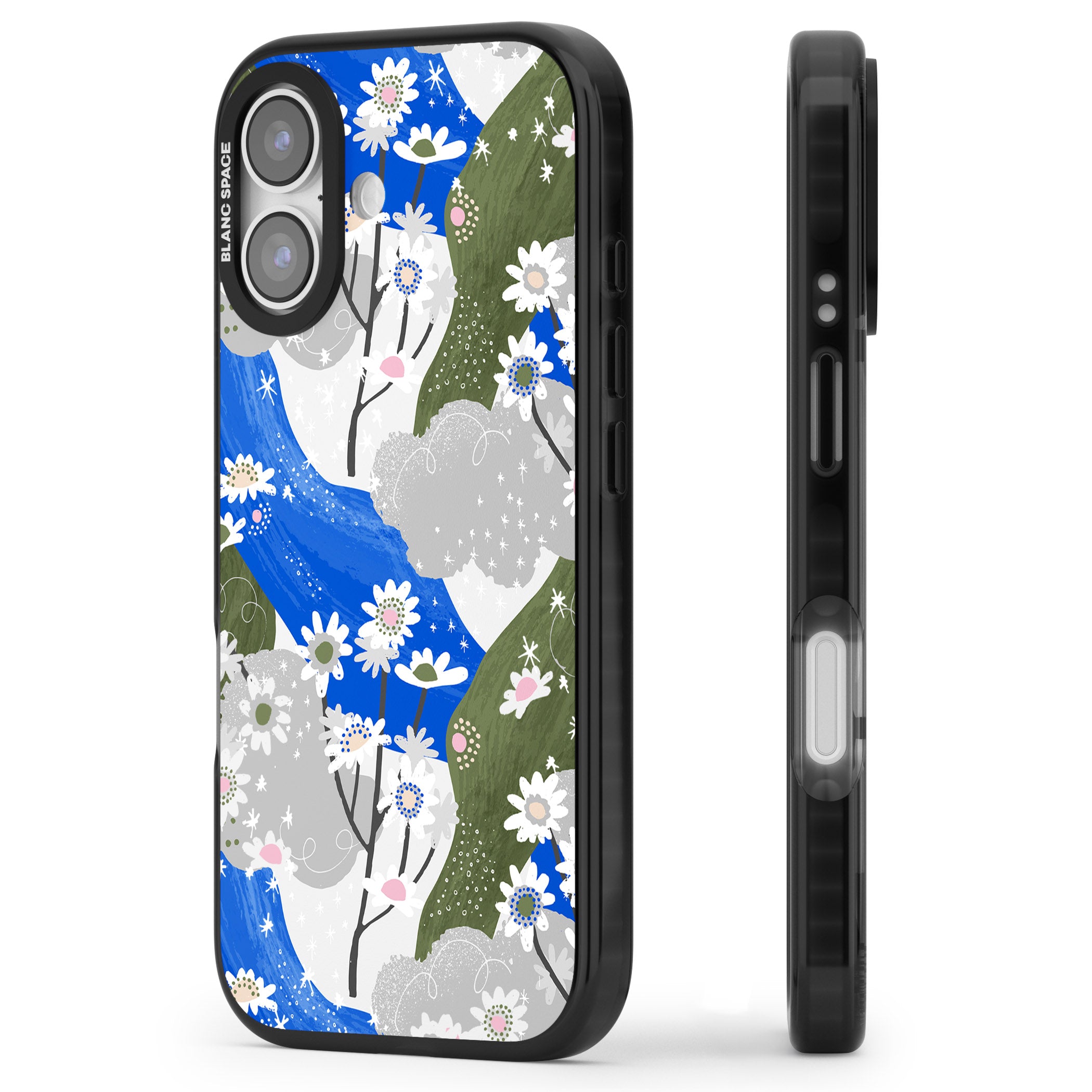 Blue & Grey Daisies Pattern iPhone 17 Impact Pro Black Phone Case Side Profile