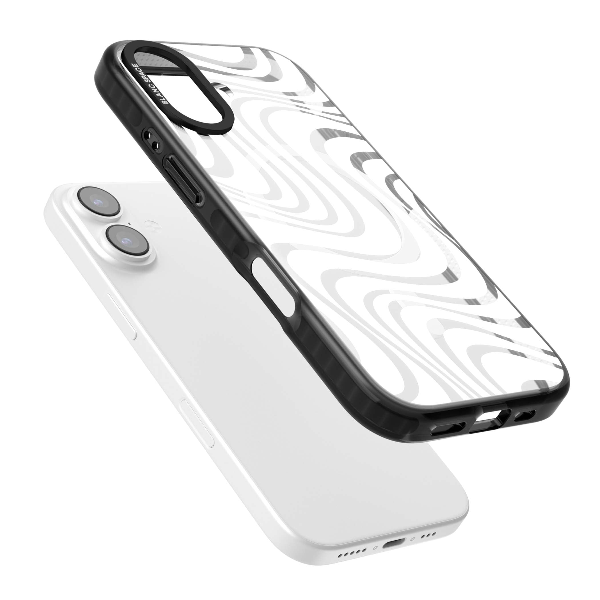 White Abstract Waves abstract iPhone case featuring flowing grey wave pattern on clear background | Black Impact Magsafe case for iPhone 17