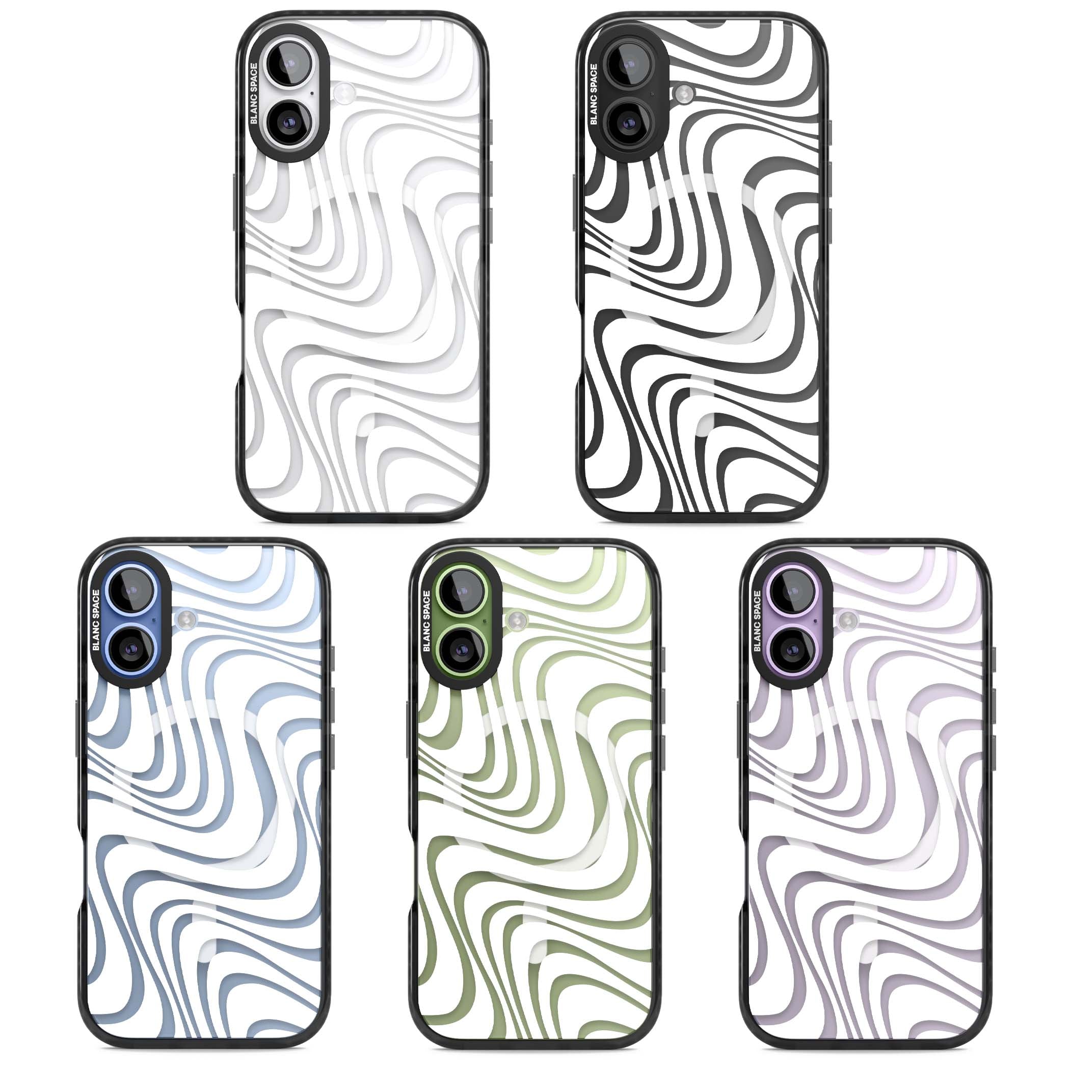 White Abstract Waves abstract iPhone case featuring flowing grey wave pattern on clear background | Black Impact Magsafe case for iPhone 17