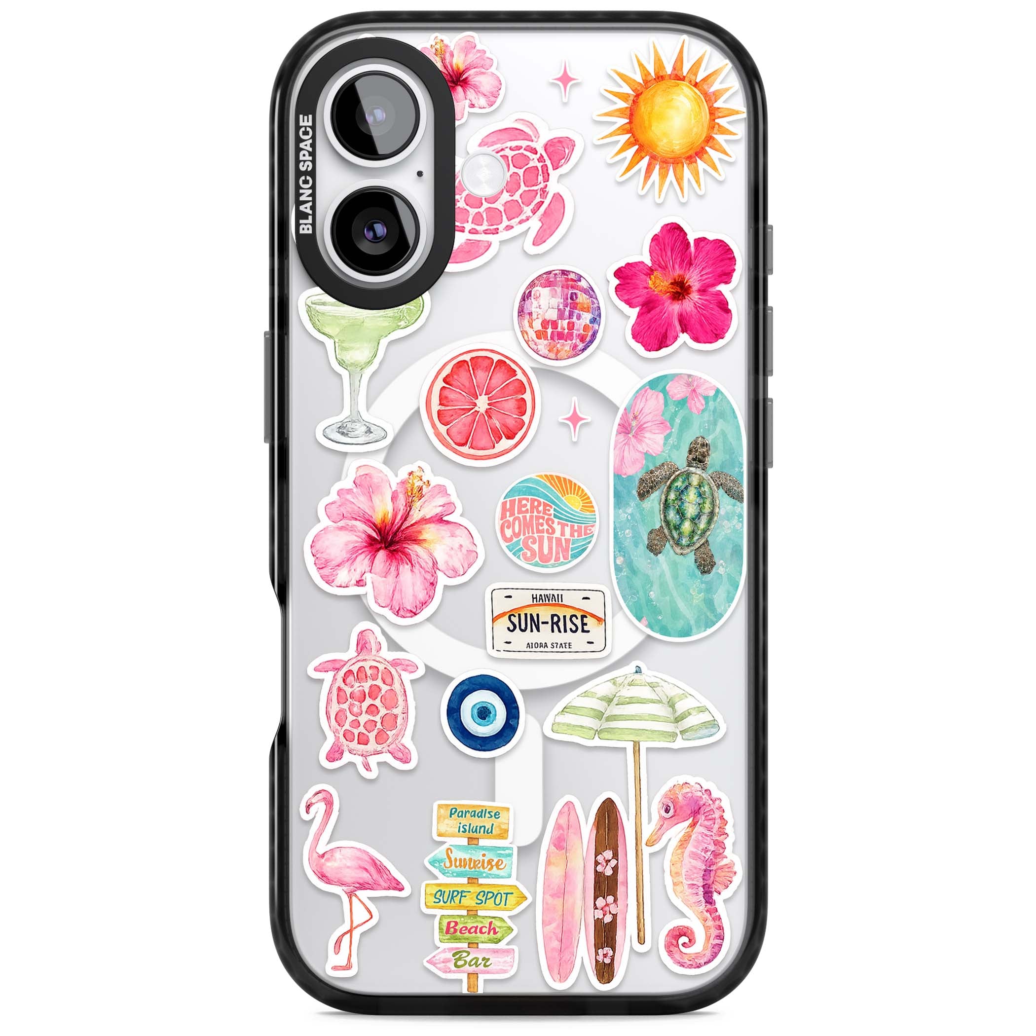 Aloha Sticker Mix tropical summer iPhone case featuring pink hibiscus, sea turtles, flamingo and beach umbrella stickers | Black Impact Magsafe case for iPhone 17