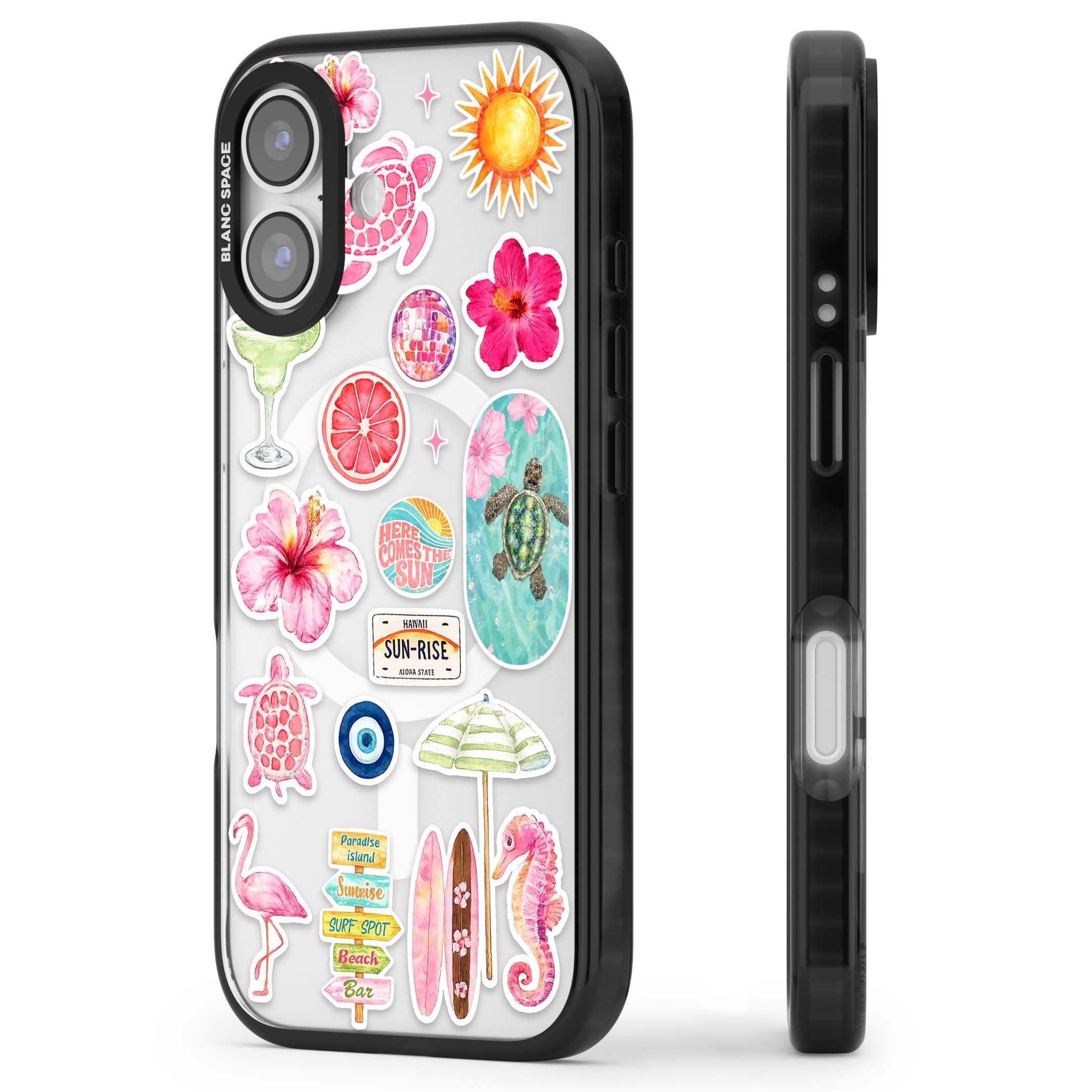 Aloha Sticker Mix tropical summer iPhone case featuring pink hibiscus, sea turtles, flamingo and beach umbrella stickers | Black Impact Magsafe case for iPhone 17