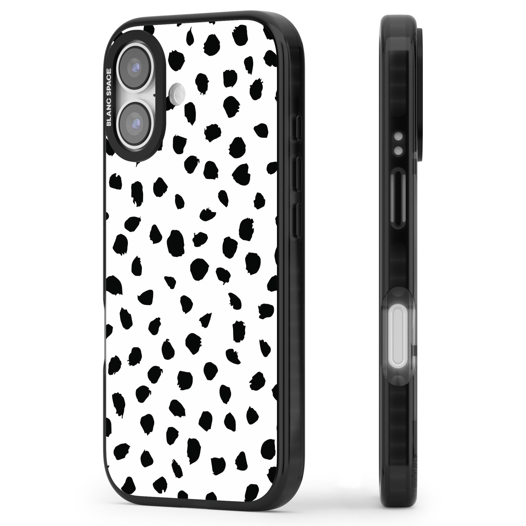 White Dalmatian Print iPhone 17 Impact Pro Black Phone Case Side Profile