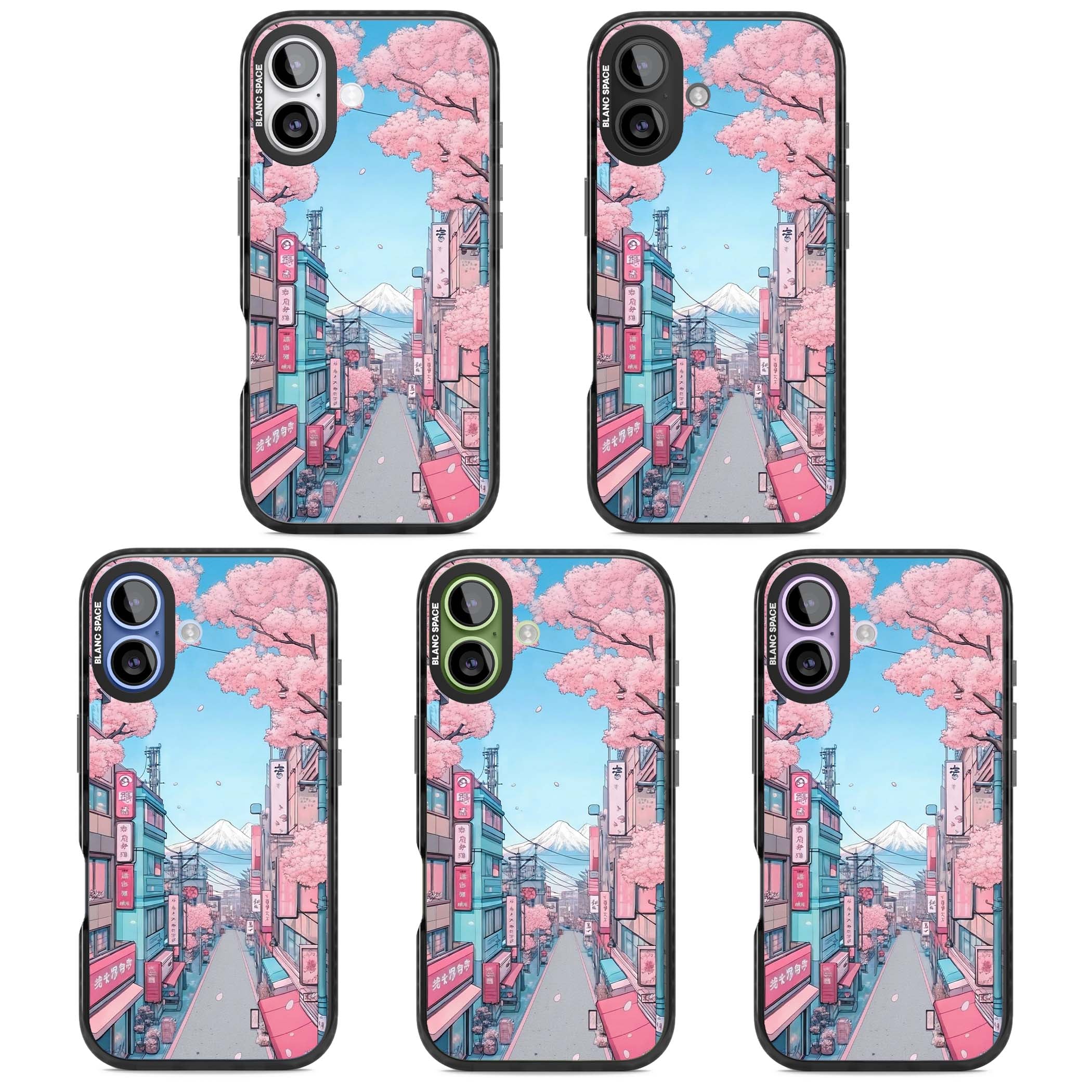 Sakura Lane anime iPhone case featuring Tokyo street scene with cherry blossoms and Mount Fuji | Black Impact Magsafe case for iPhone 17
