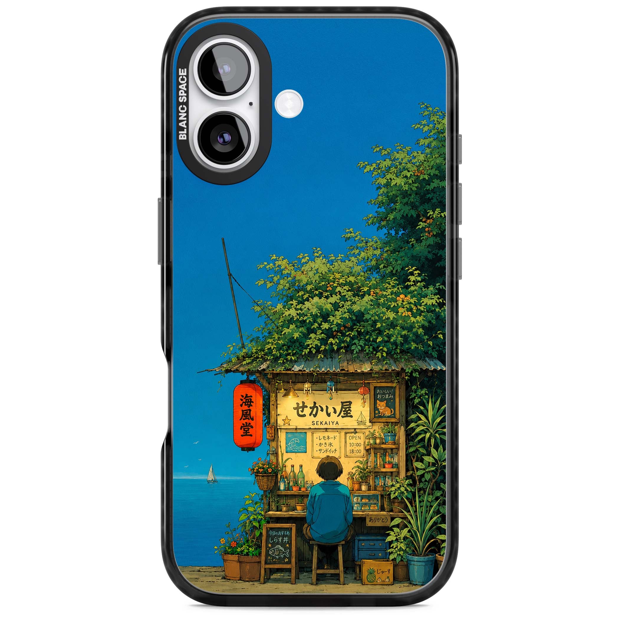 The Shirahama Kiosk anime iPhone case featuring a Japanese seaside shop, red paper lantern and ocean view | Black Impact Magsafe case for iPhone 17