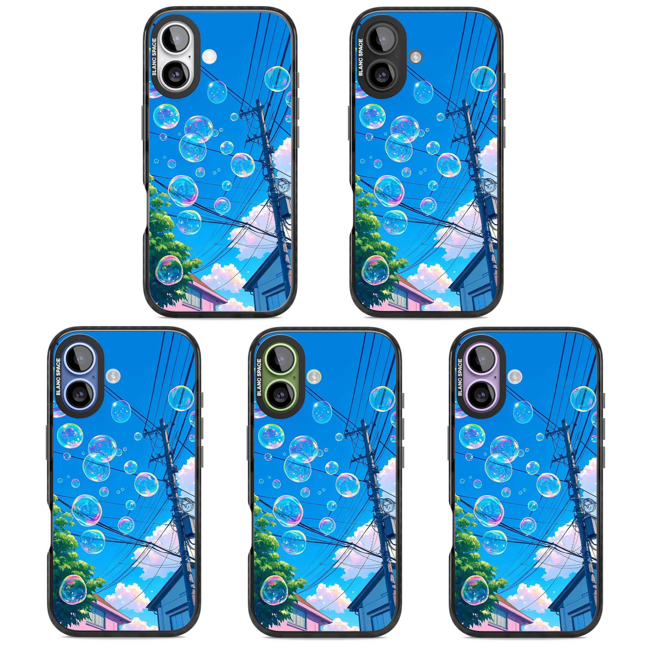 Suburban Bubbles anime iPhone case featuring iridescent soap bubbles, blue sky and Japanese telephone wires | Black Impact Magsafe case for iPhone 17