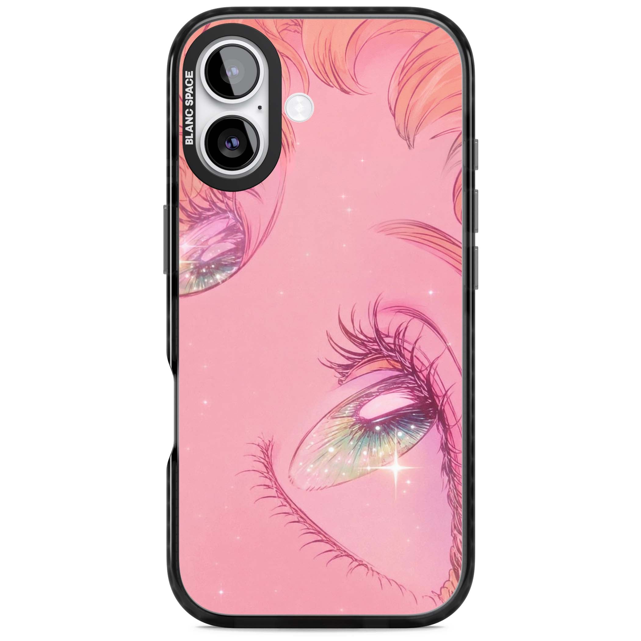 Pink Ethereal Gaze anime iPhone case featuring sparkling manga eyes, coral lashes and dreamy peach sky | Black Impact Magsafe case for iPhone 17