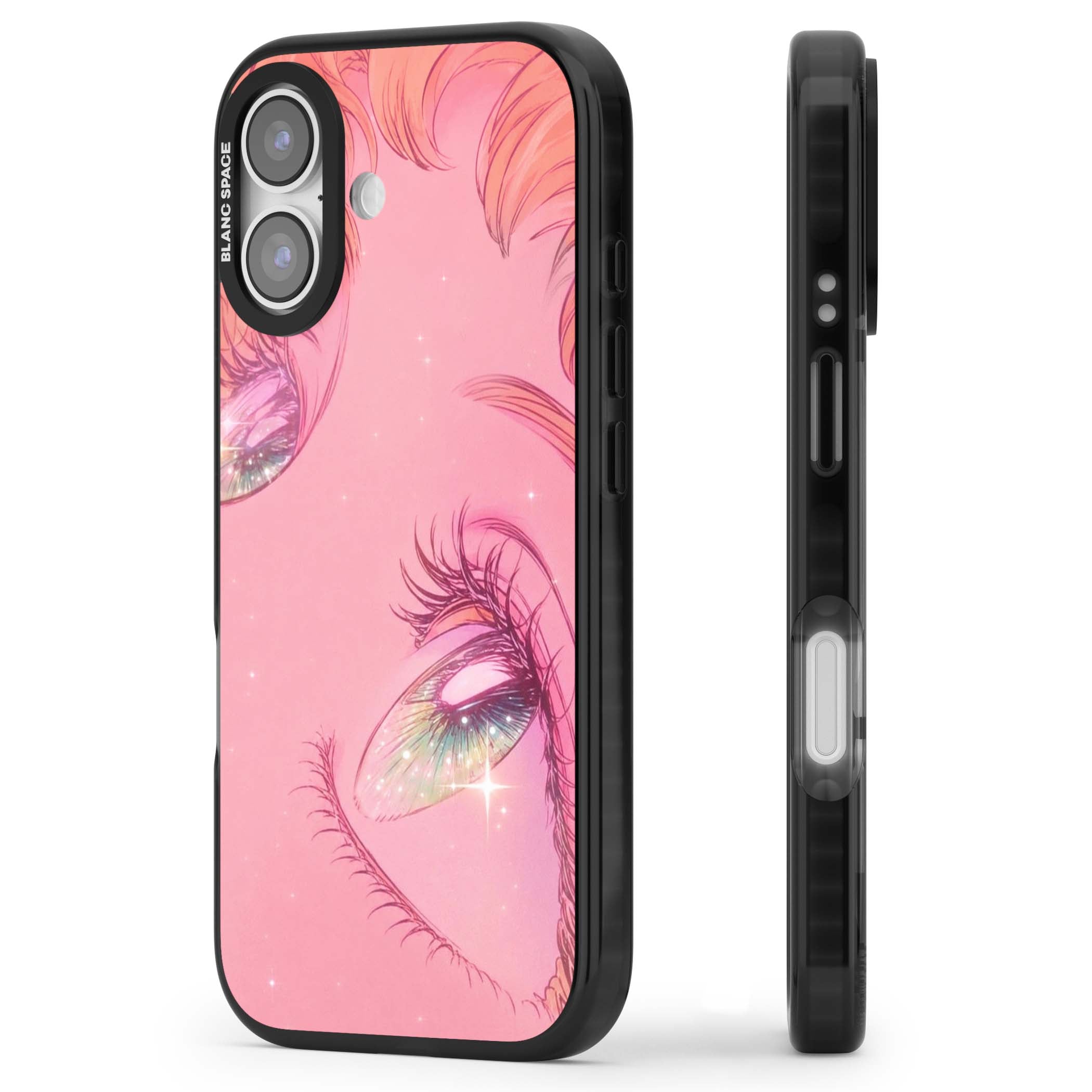 Pink Ethereal Gaze anime iPhone case featuring sparkling manga eyes, coral lashes and dreamy peach sky | Black Impact Magsafe case for iPhone 17