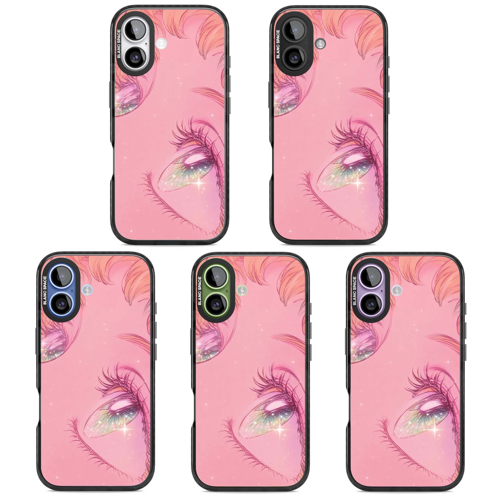 Pink Ethereal Gaze anime iPhone case featuring sparkling manga eyes, coral lashes and dreamy peach sky | Black Impact Magsafe case for iPhone 17
