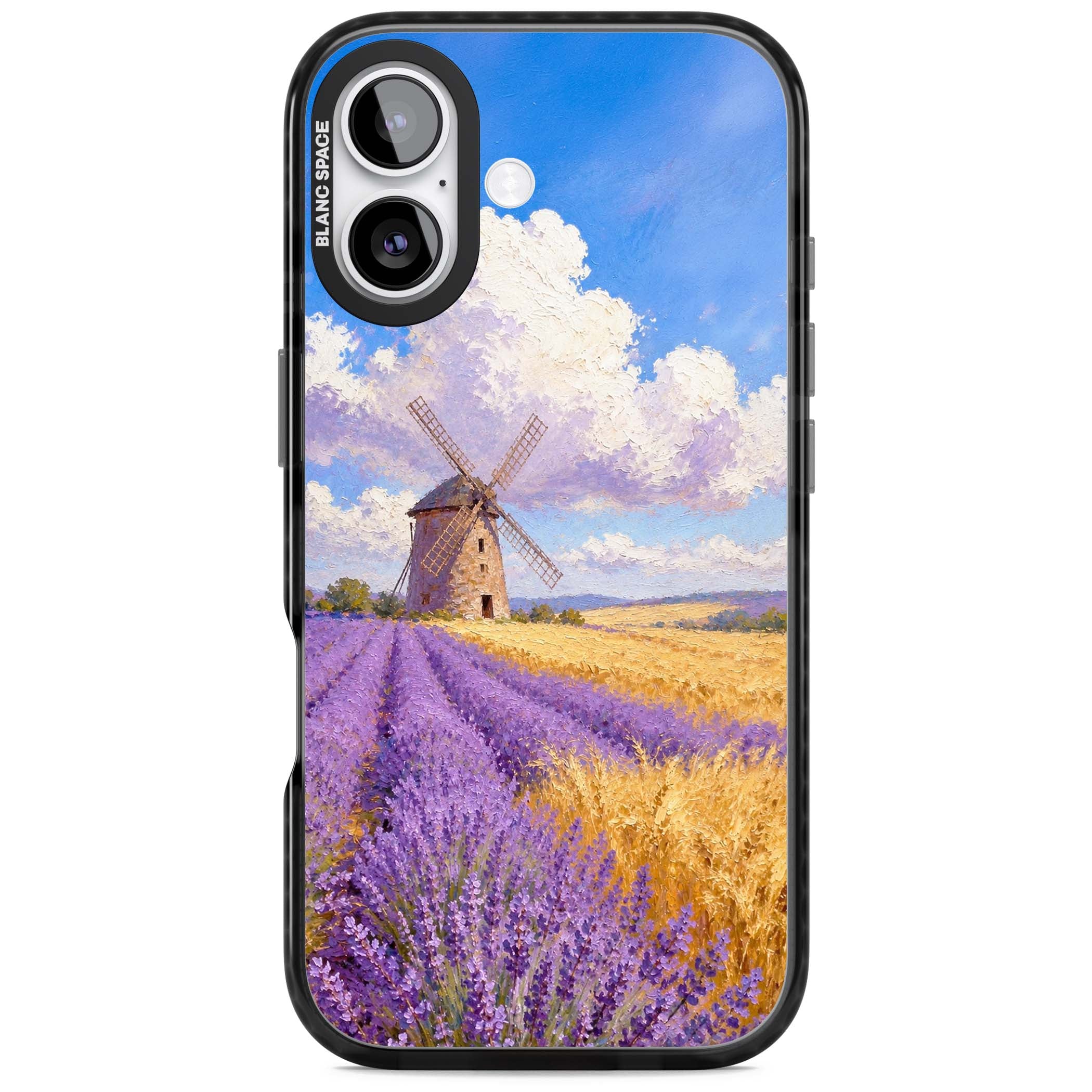 Lavender Mill cottagecore iPhone case featuring a French windmill, lavender field and golden wheat oil painting | Black Impact Magsafe case for iPhone 17