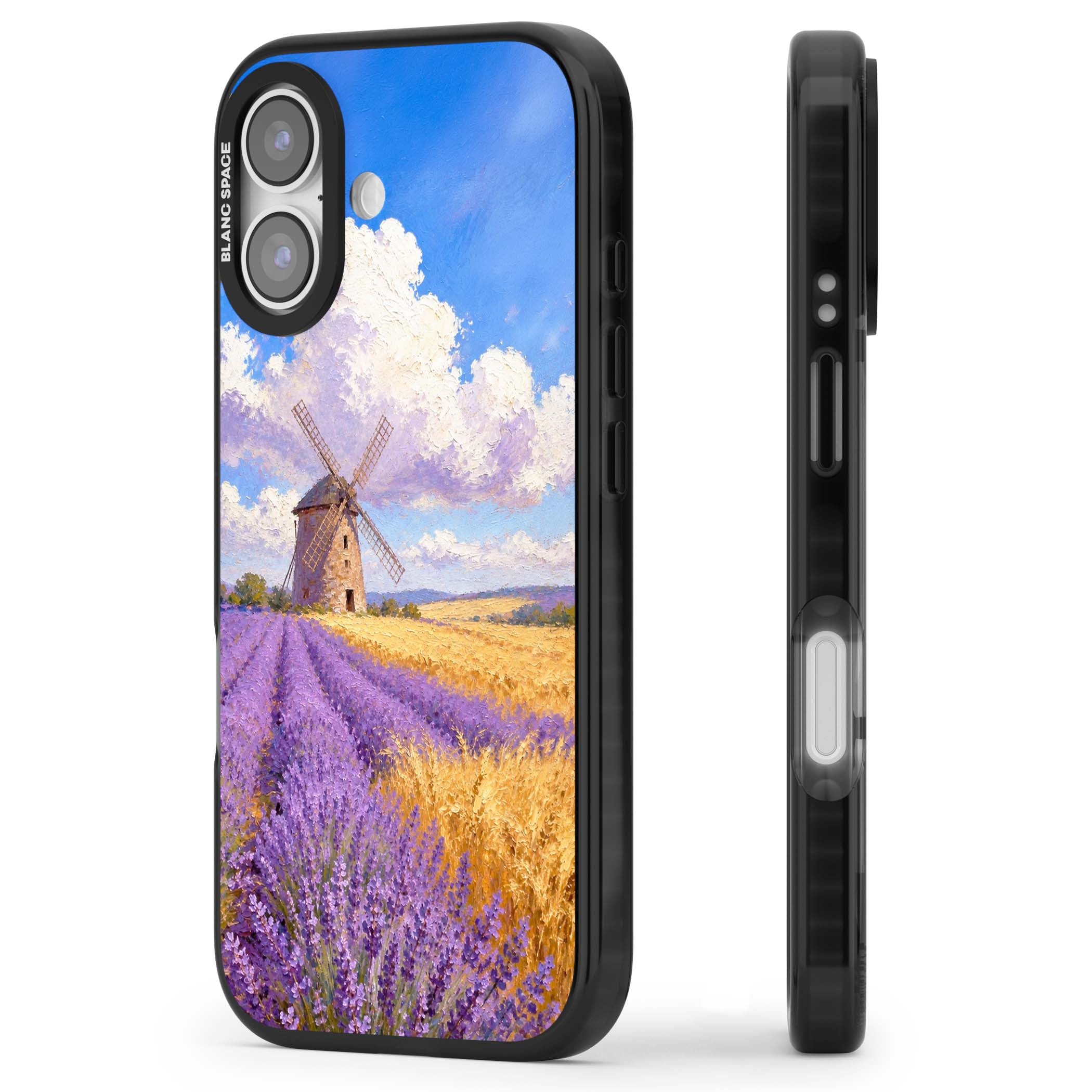 Lavender Mill cottagecore iPhone case featuring a French windmill, lavender field and golden wheat oil painting | Black Impact Magsafe case for iPhone 17