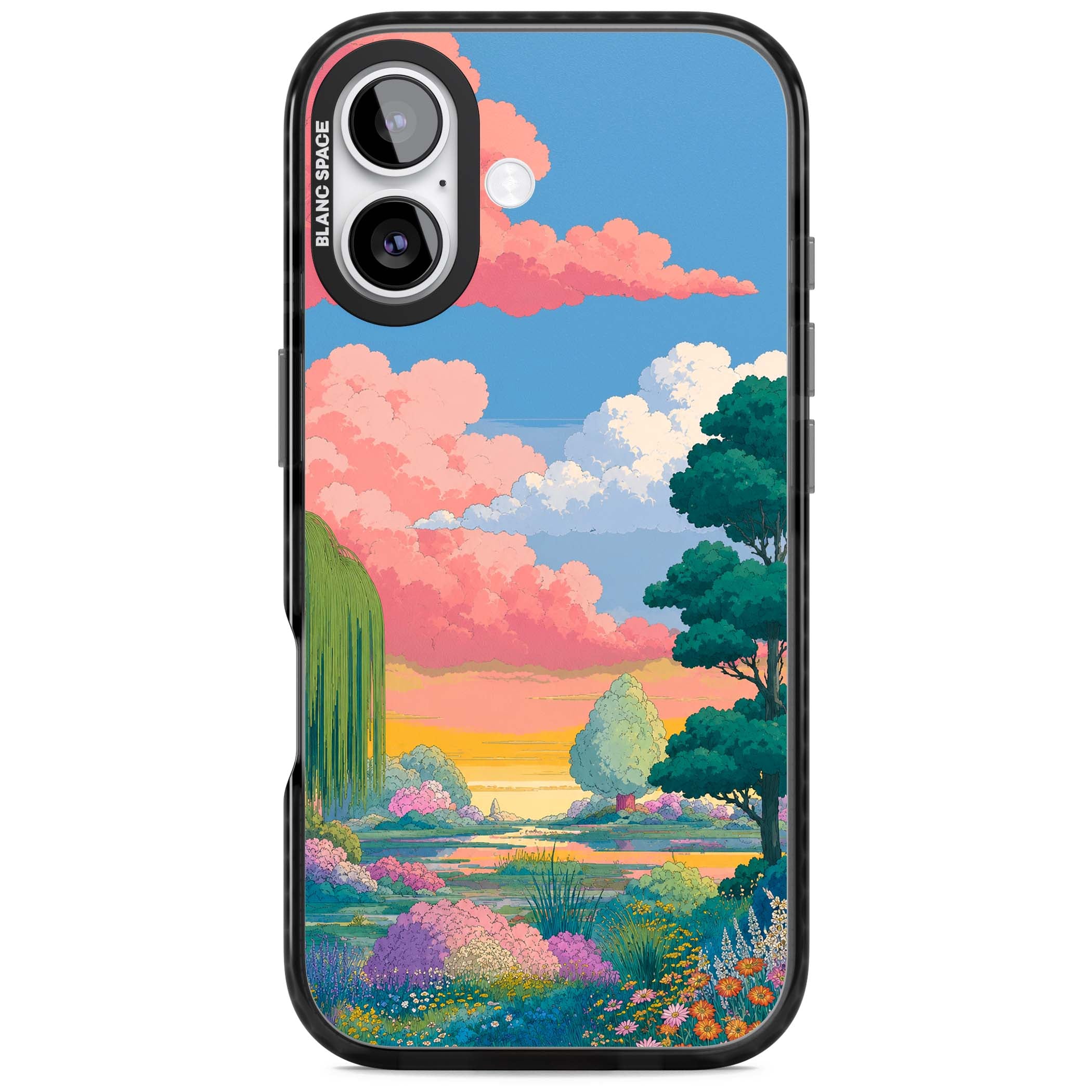 Dream Valley anime landscape iPhone case featuring pink sunset clouds, willow trees and wildflowers | Black Impact Magsafe case for iPhone 17