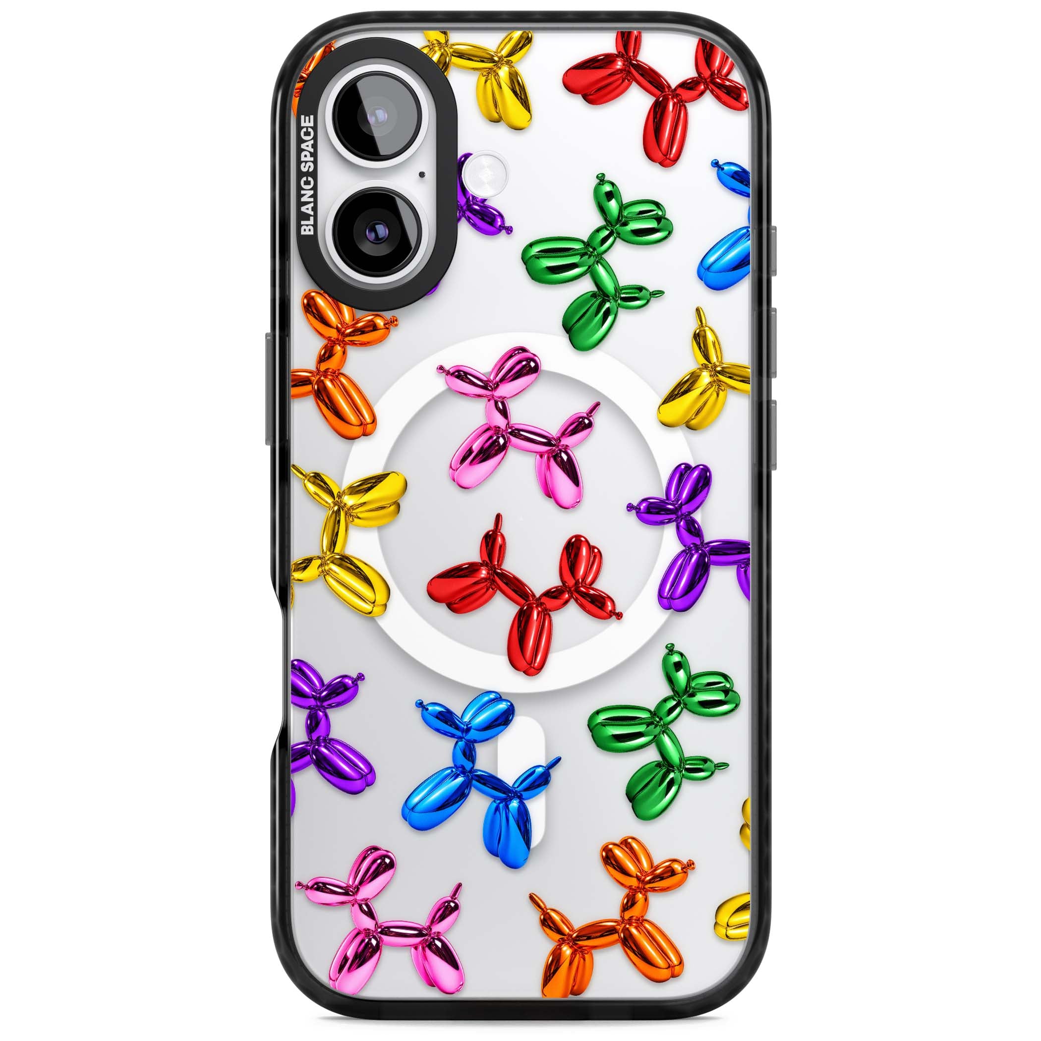 Balloon Dogs pop art iPhone case featuring rainbow chrome balloon dogs in Jeff Koons style | Black Impact Magsafe case for iPhone 17